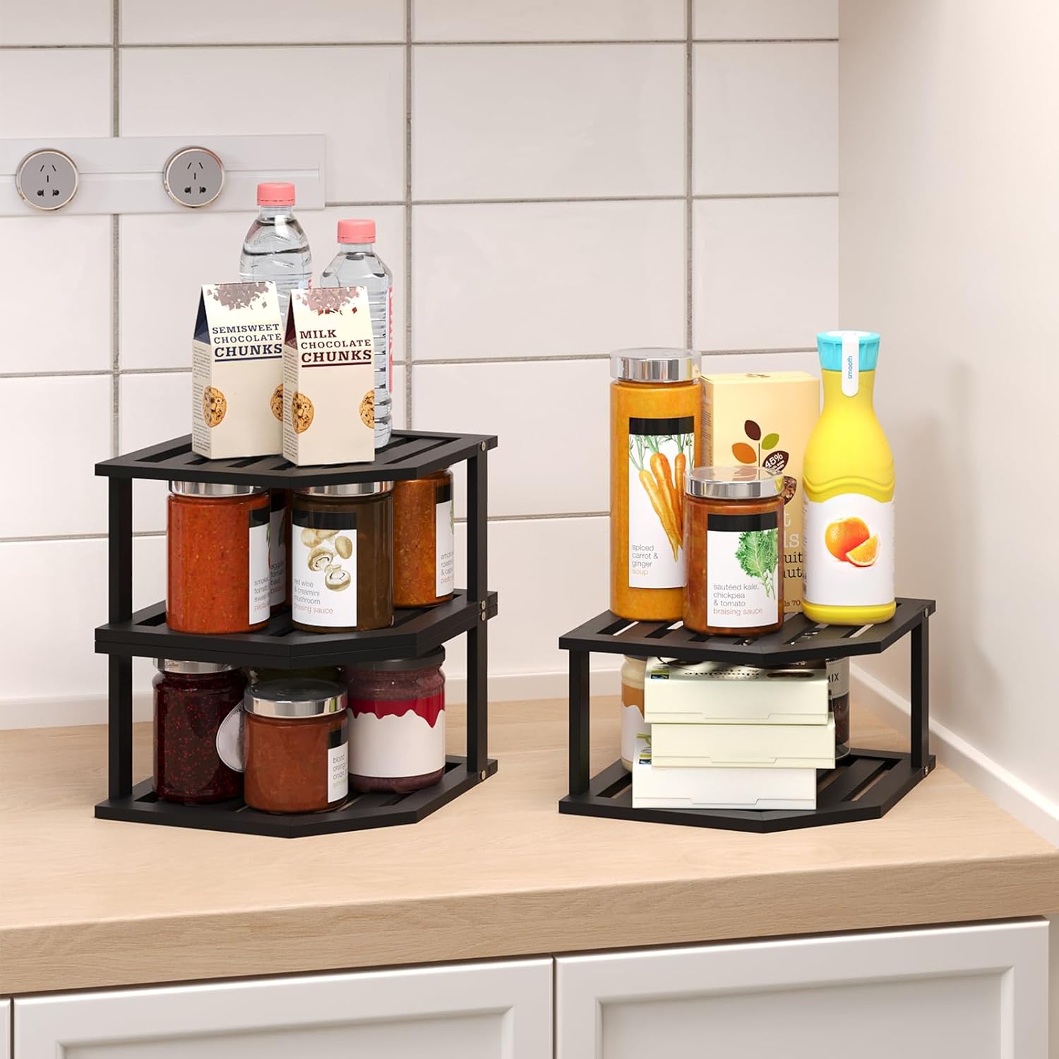 VERTORGAN Bamboo Corner Shelf 3 Pack 2 Tier Organizer Black
