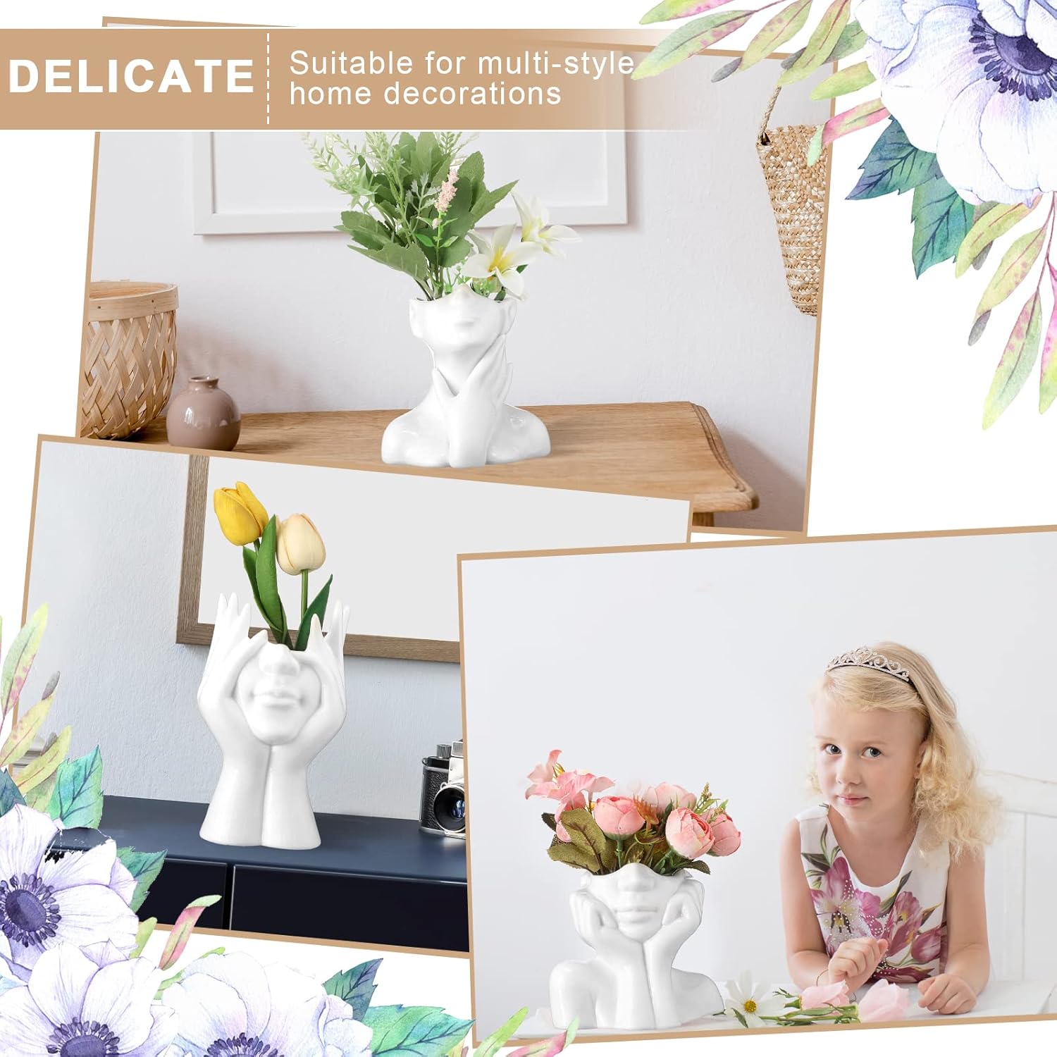 Sieral 3 Pcs White Ceramic Face Vase Set