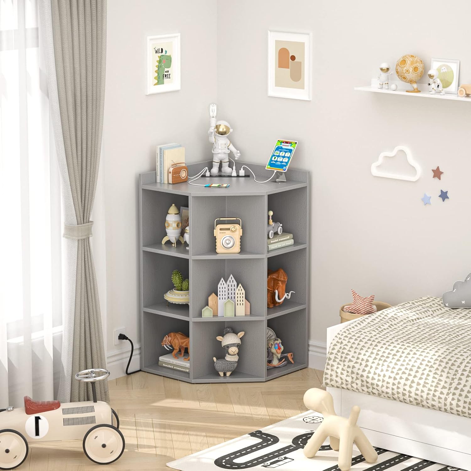 Aheaplus Corner Cabinet with USB and Outlets 9 Cubes Grey