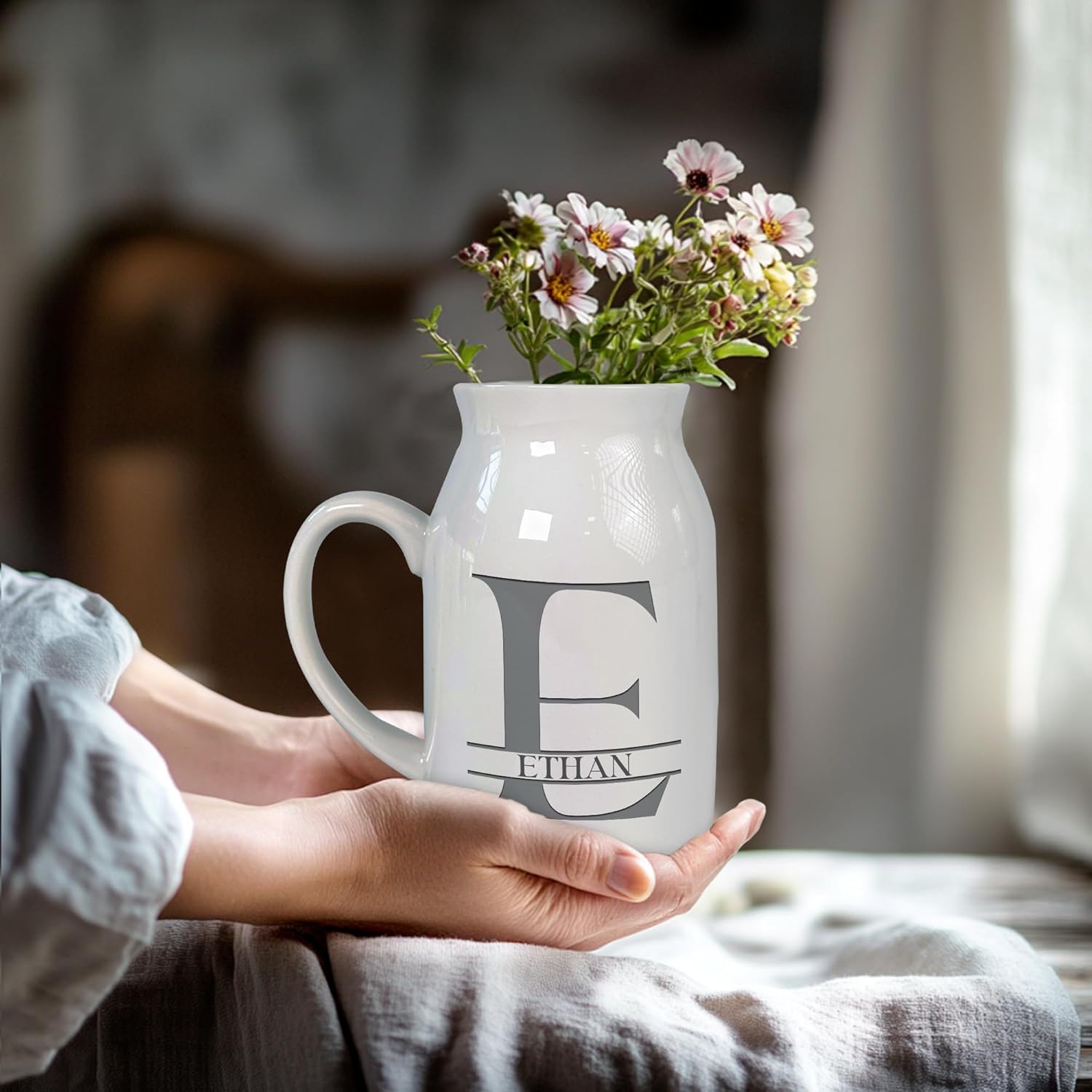 Personalized Initial Monogram Flower Vase Custom Alphabet Milk Jug Pitcher with Letter Name