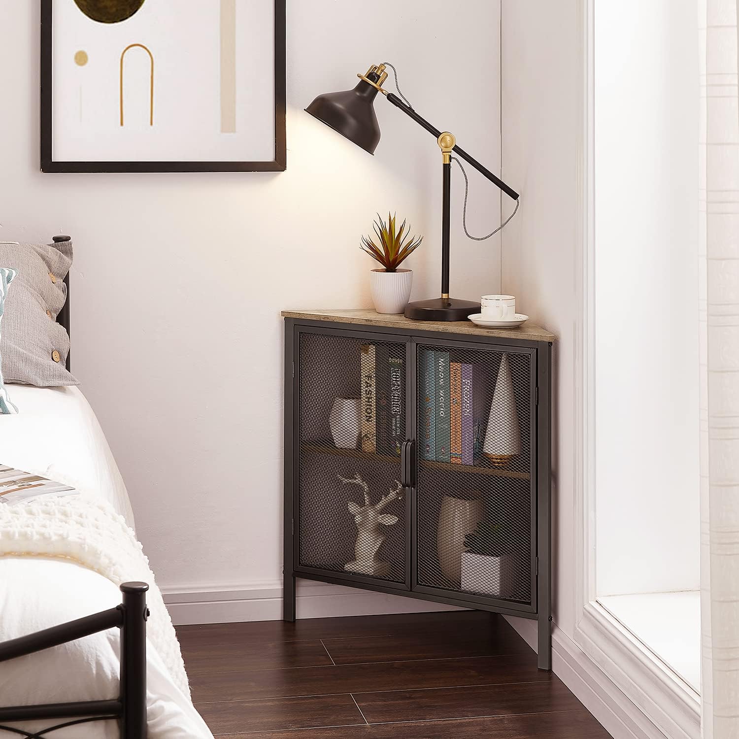 VECELO Corner Cabinet Table with 3-Tier Shelf Grey