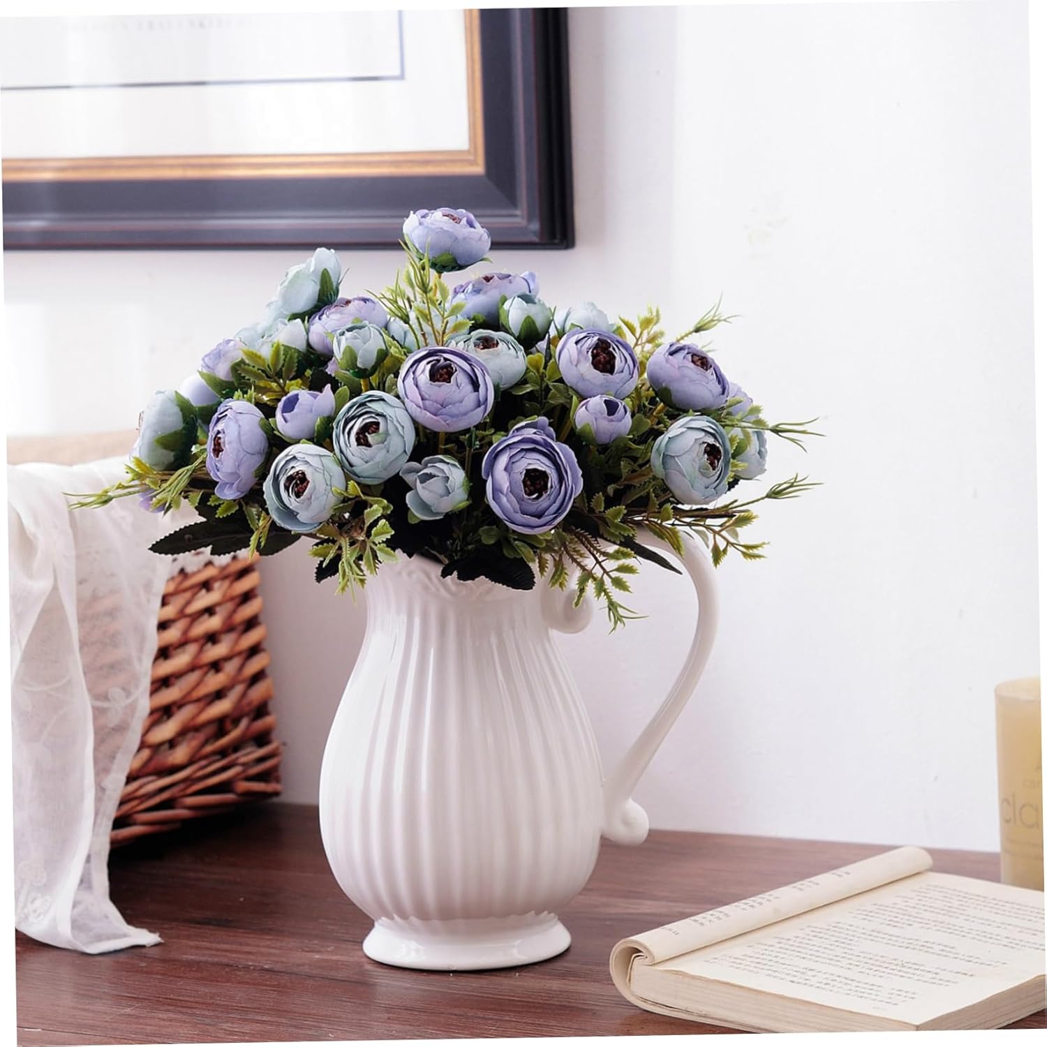 White Pitcher Vase with Handle for Flowers