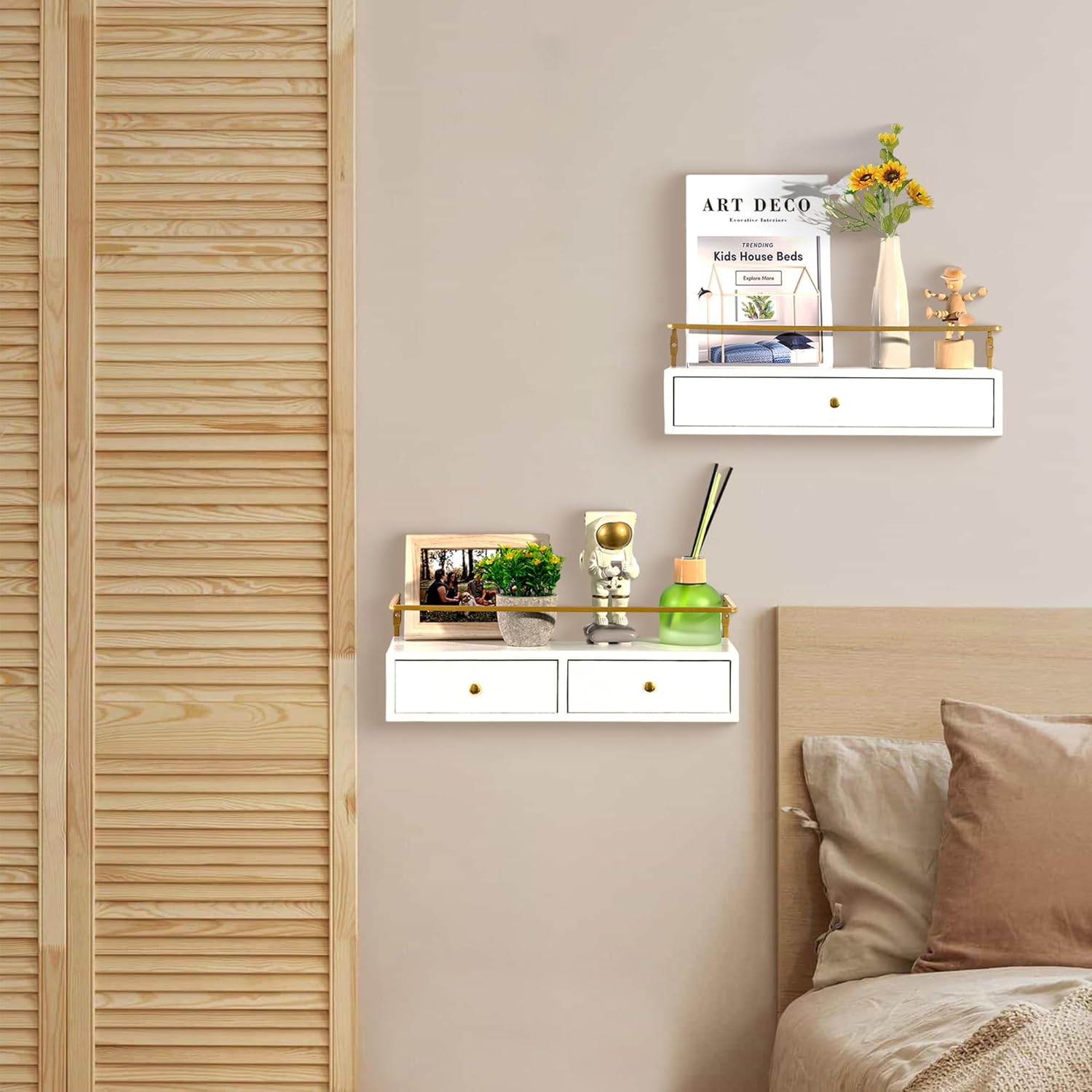 Rustic Floating Shelves With Drawer Set of 2