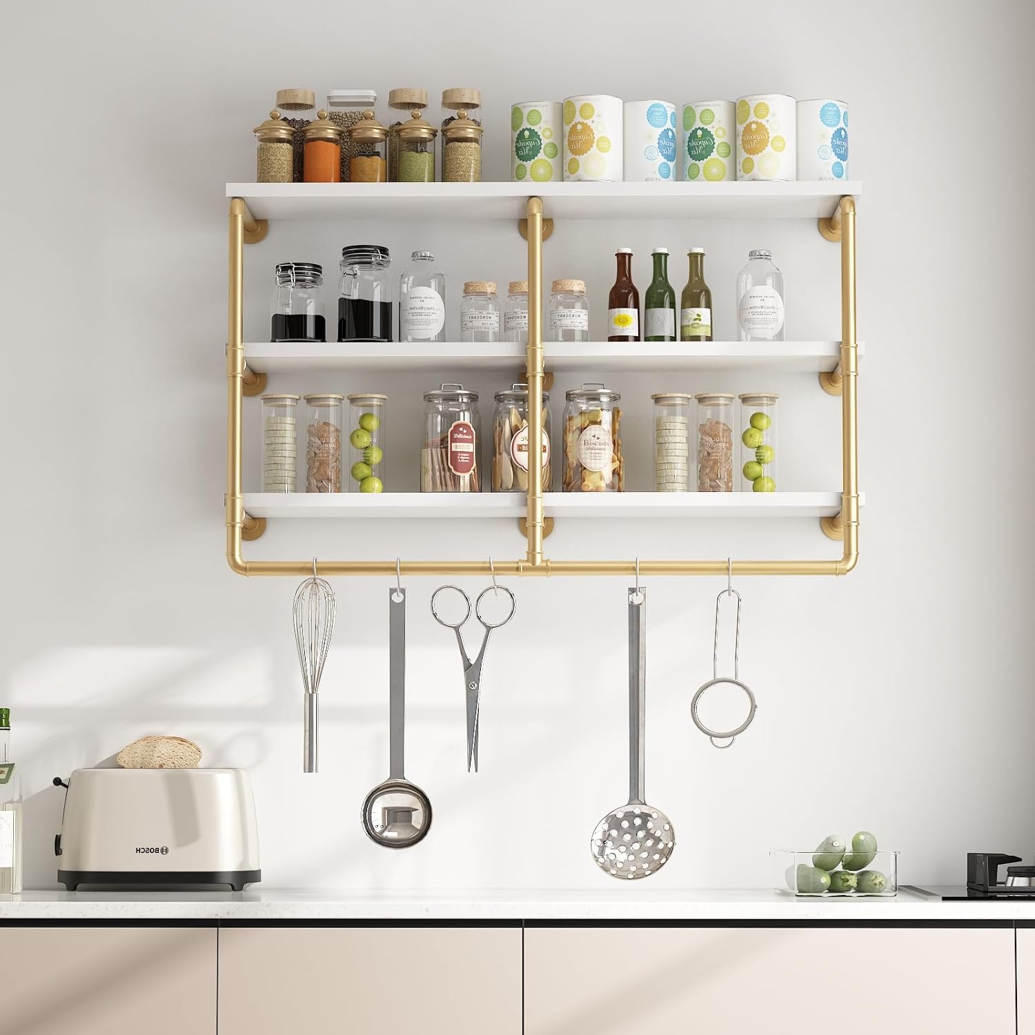 HOMEKAYT 48 Inch 3 Tier Floating Wall Shelves Gold
