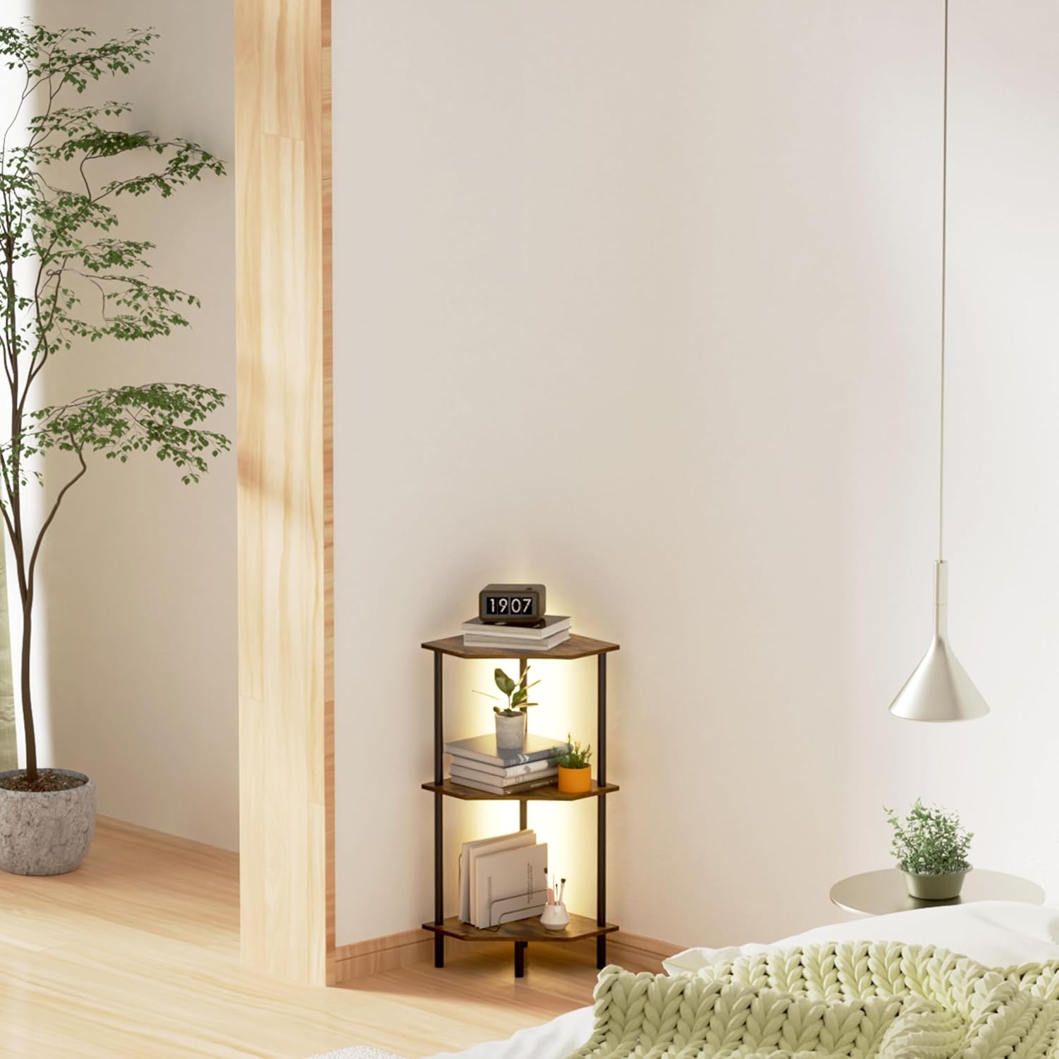 3 Tier Corner Shelf with LED Light and Metal Frame