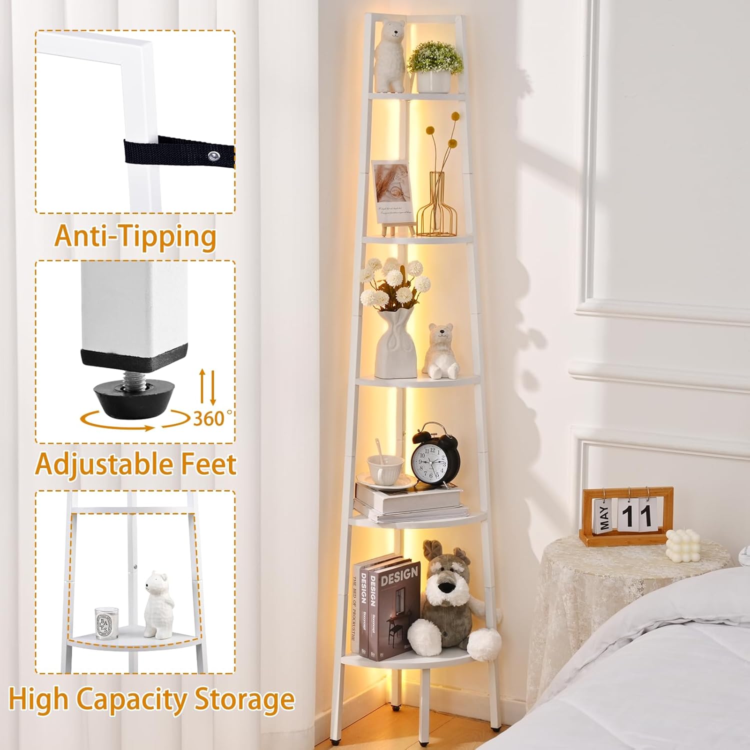 White Corner Shelf with LED Light and Steel Frame