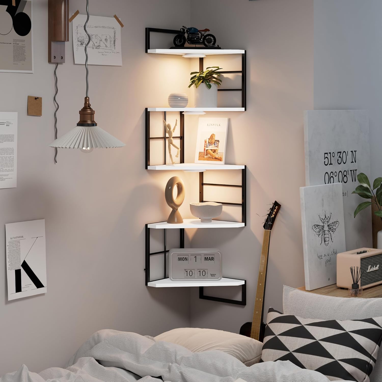 Floating Corner Shelves with Light - 5 Tiers Metal White