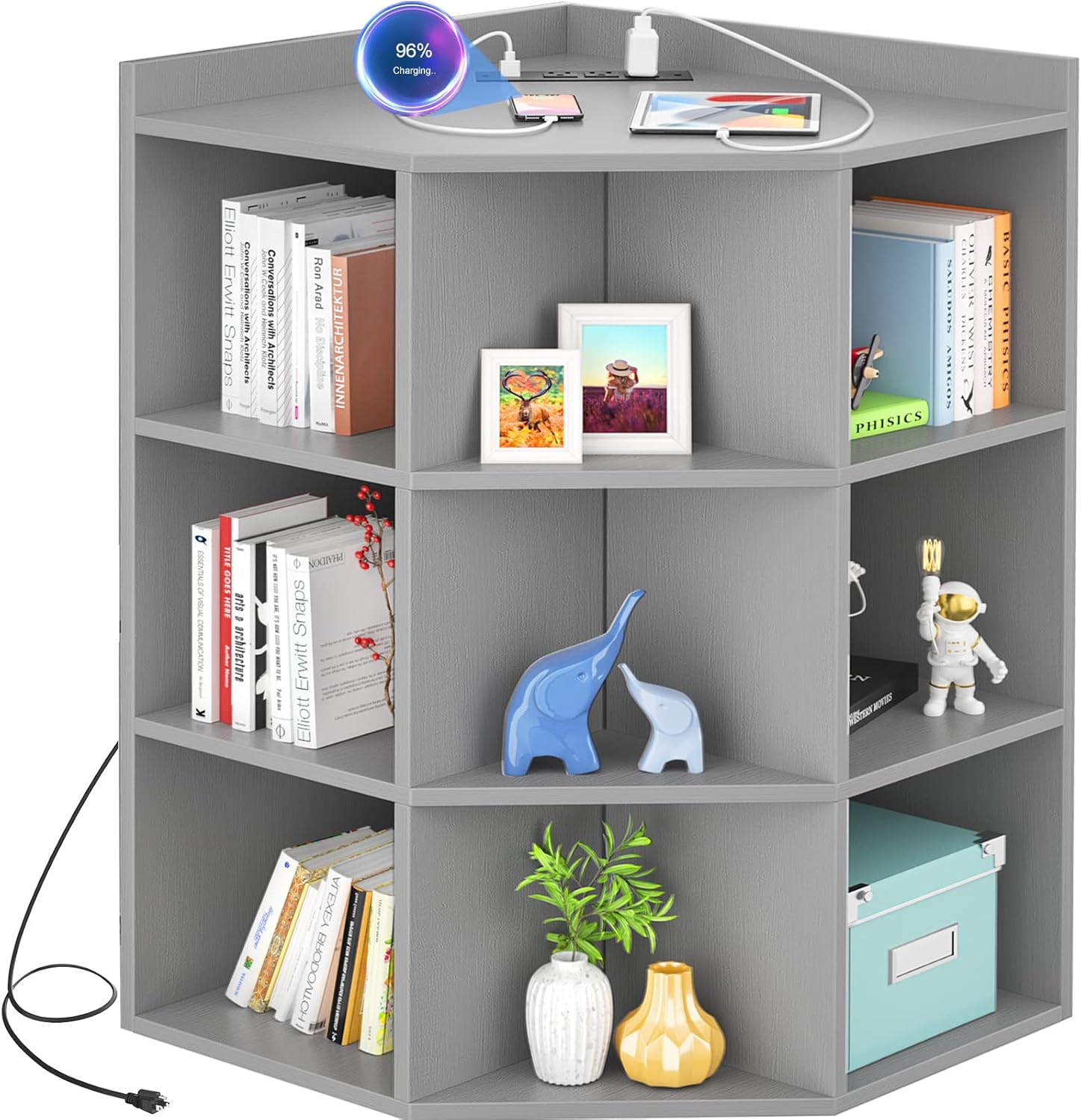 Aheaplus Corner Cabinet with USB and Outlets 9 Cubes Grey
