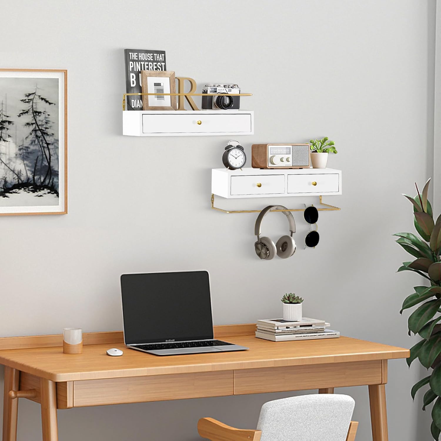 Rustic Floating Shelves With Drawer Set of 2