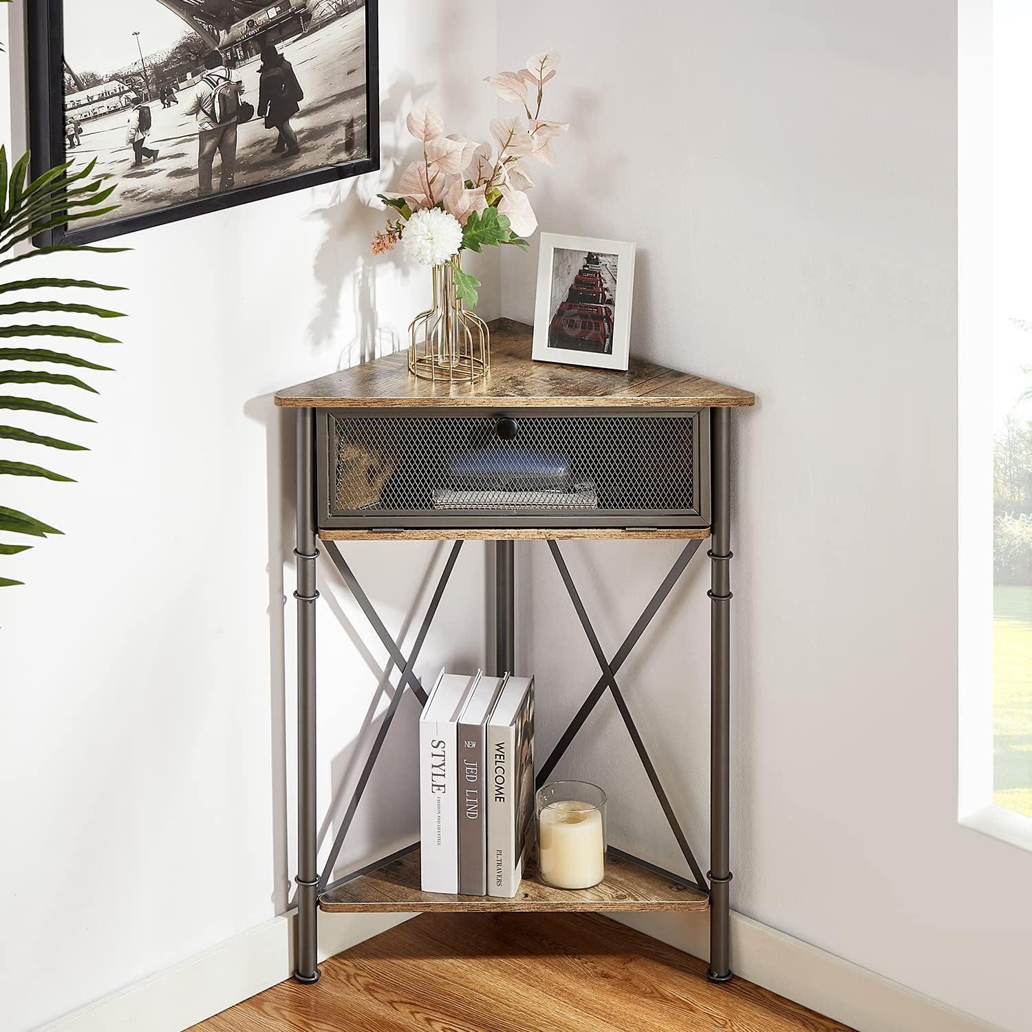 VECELO Corner Tables Set of 2 Grey Modern Storage