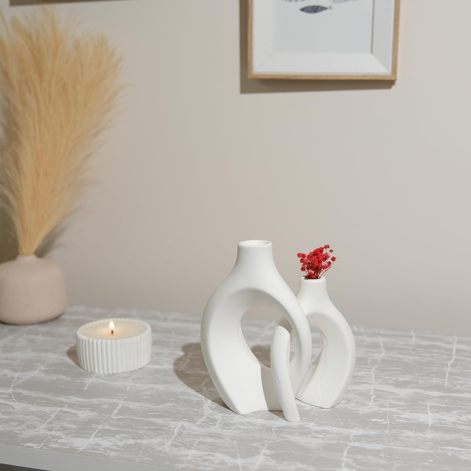 Concrete Floral Vase Set - 3 Piece Modern Minimalist Donut Vases