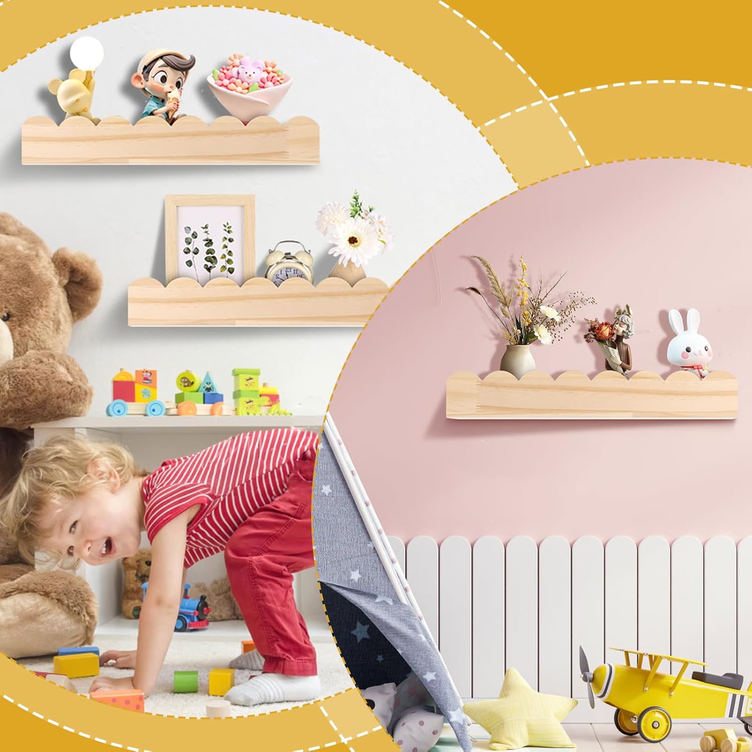 2 Pack Scalloped Floating Shelves for Kids Rooms