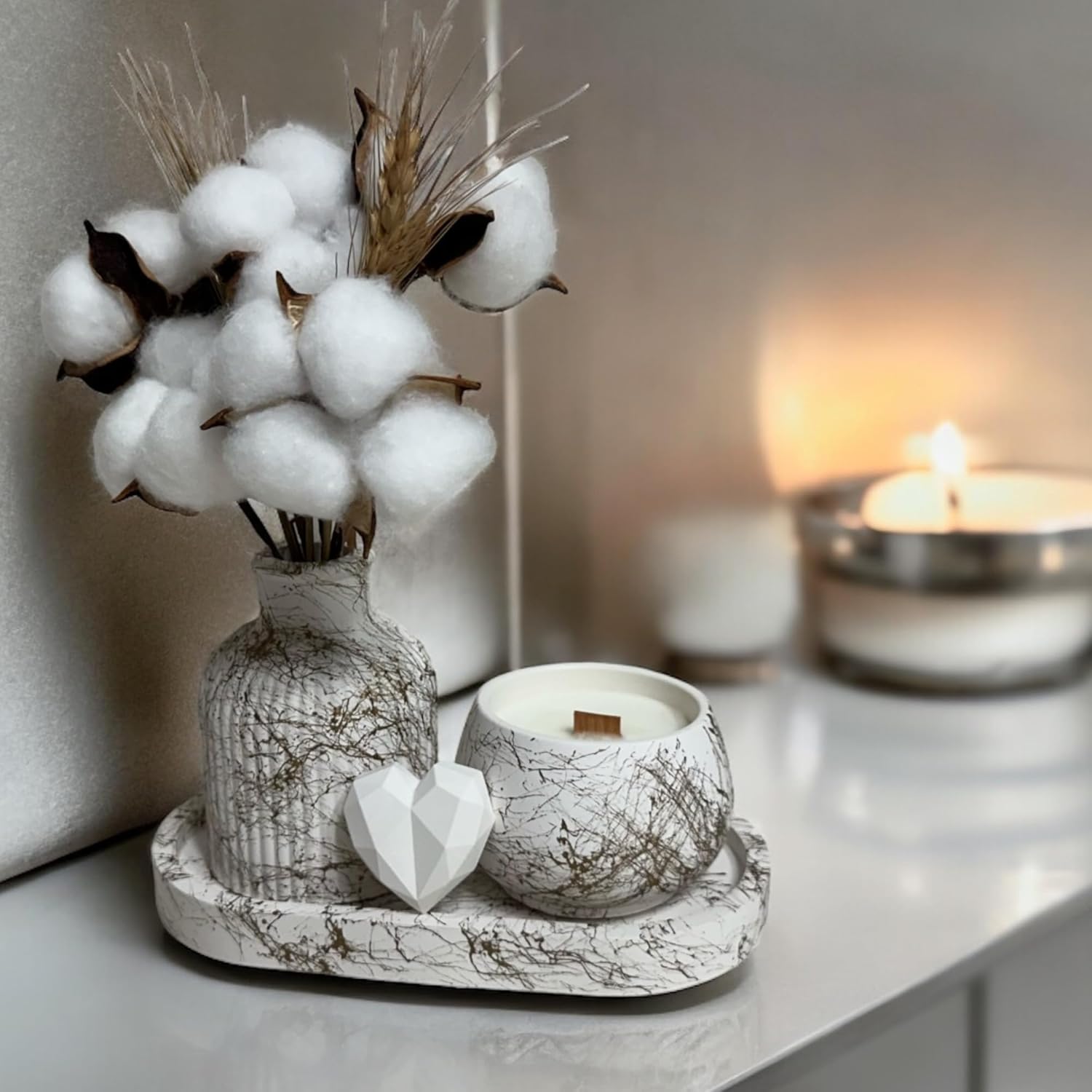 Gold White Decor Set of 3 Handmade Gypsum