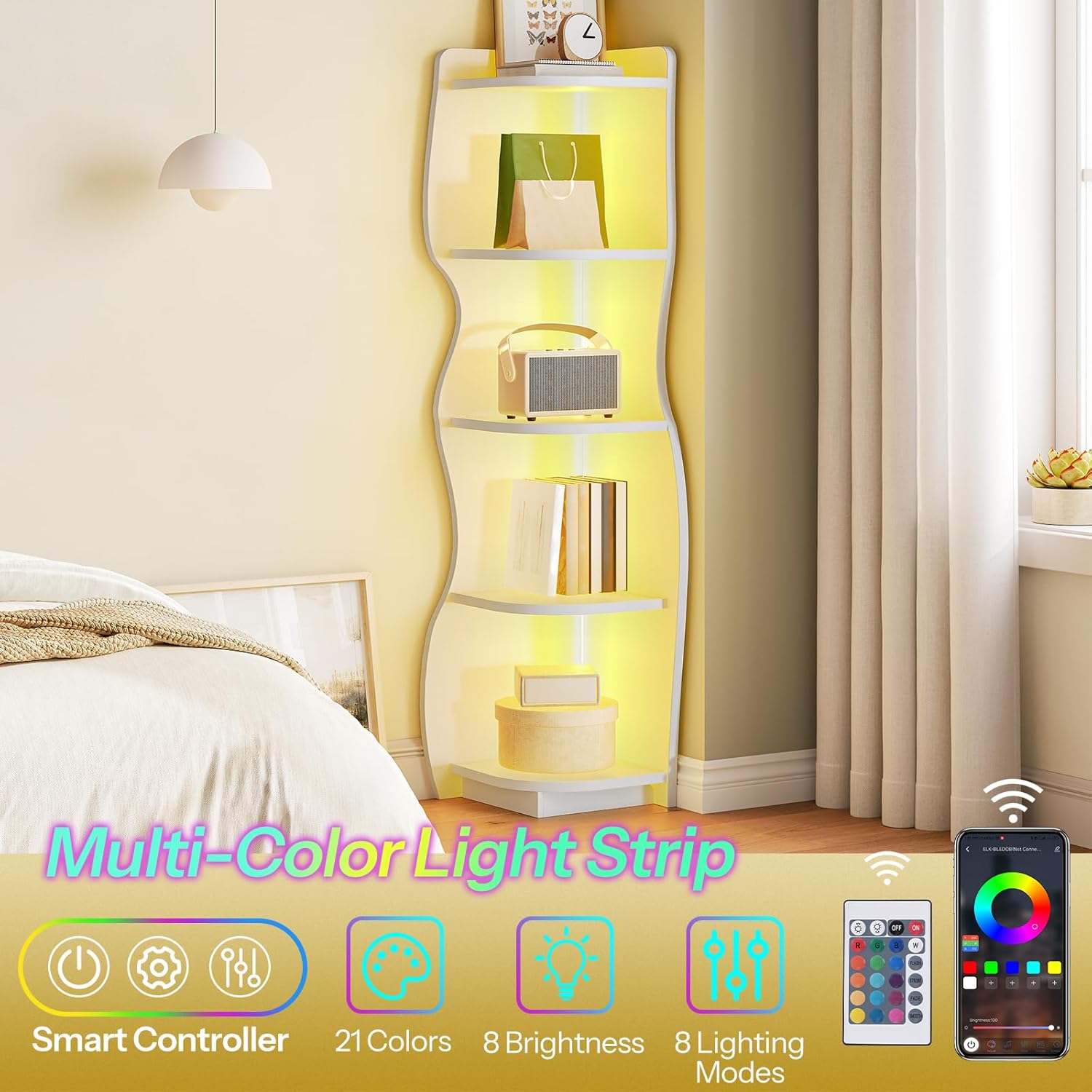 HOOBRO 5-Tier Corner Bookshelf with LED Light
