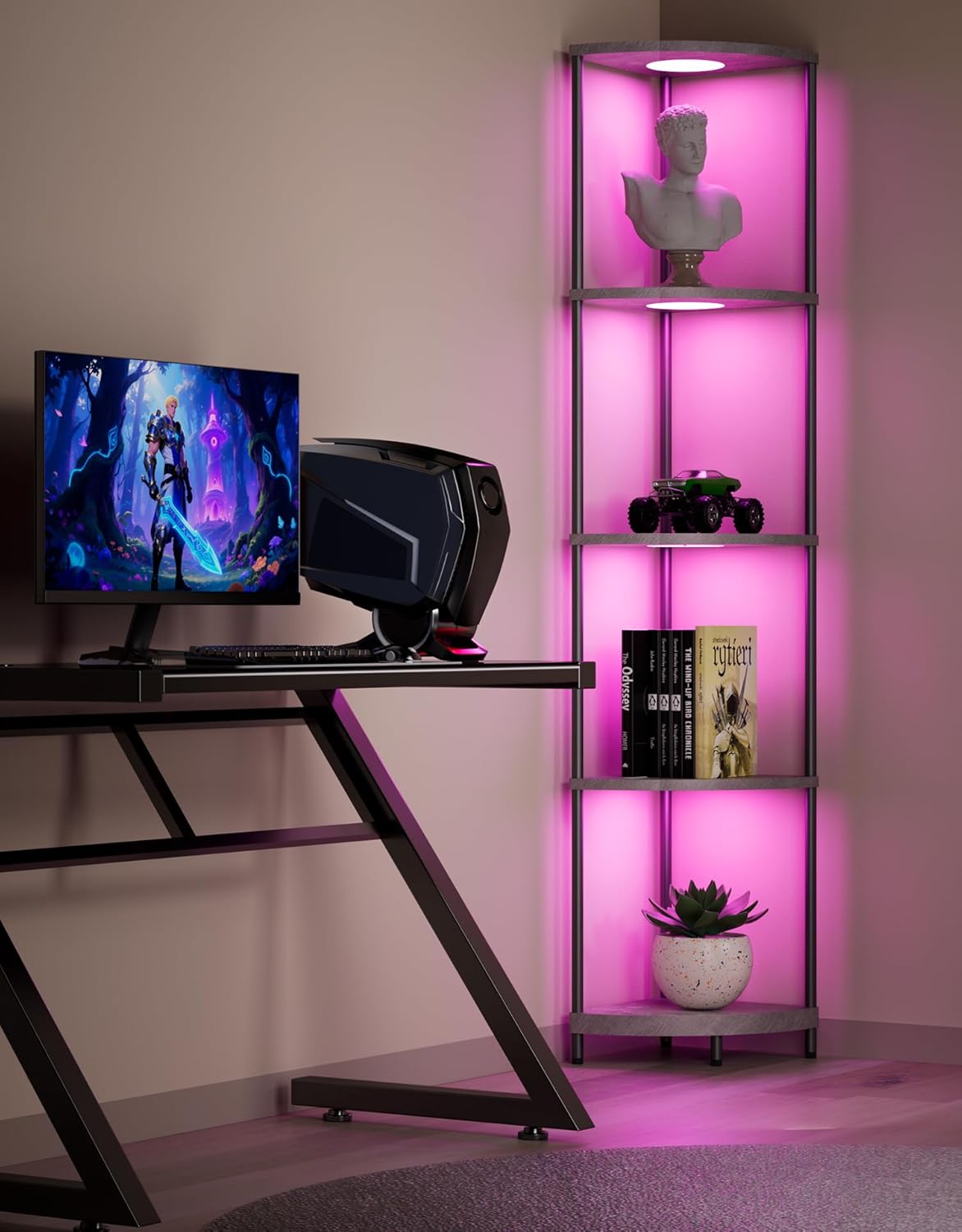 PARTPHONER Corner Shelf with LED Light and Storage