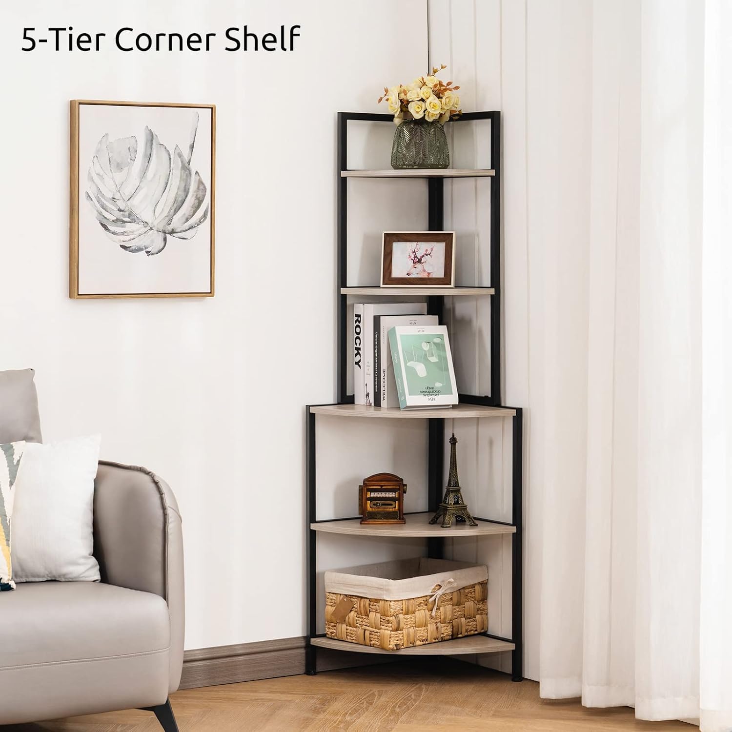 Apicizon 5 Tier Corner Shelf Rustic Grey Industrial Bookcase