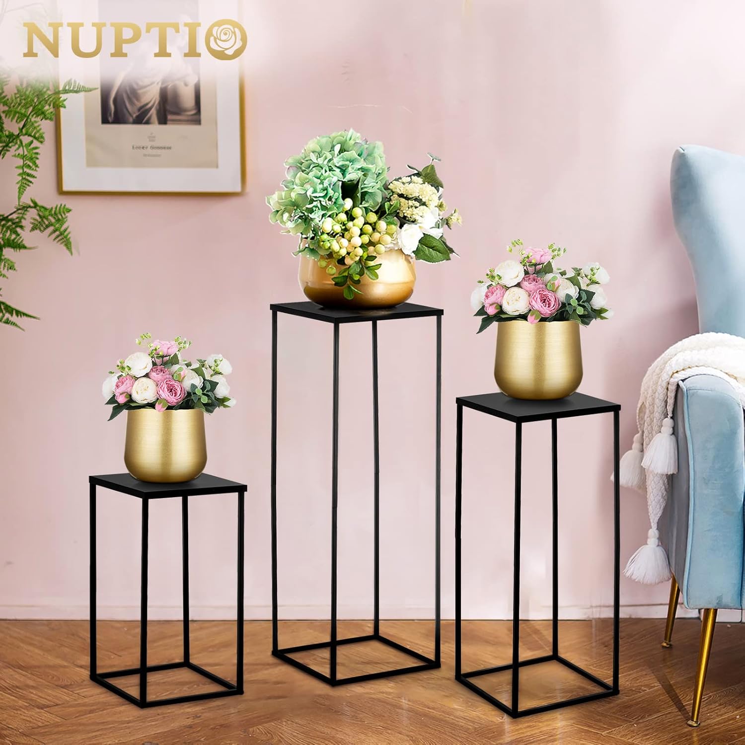 Nuptio Black Vase Plant Stand 3 Pcs Set