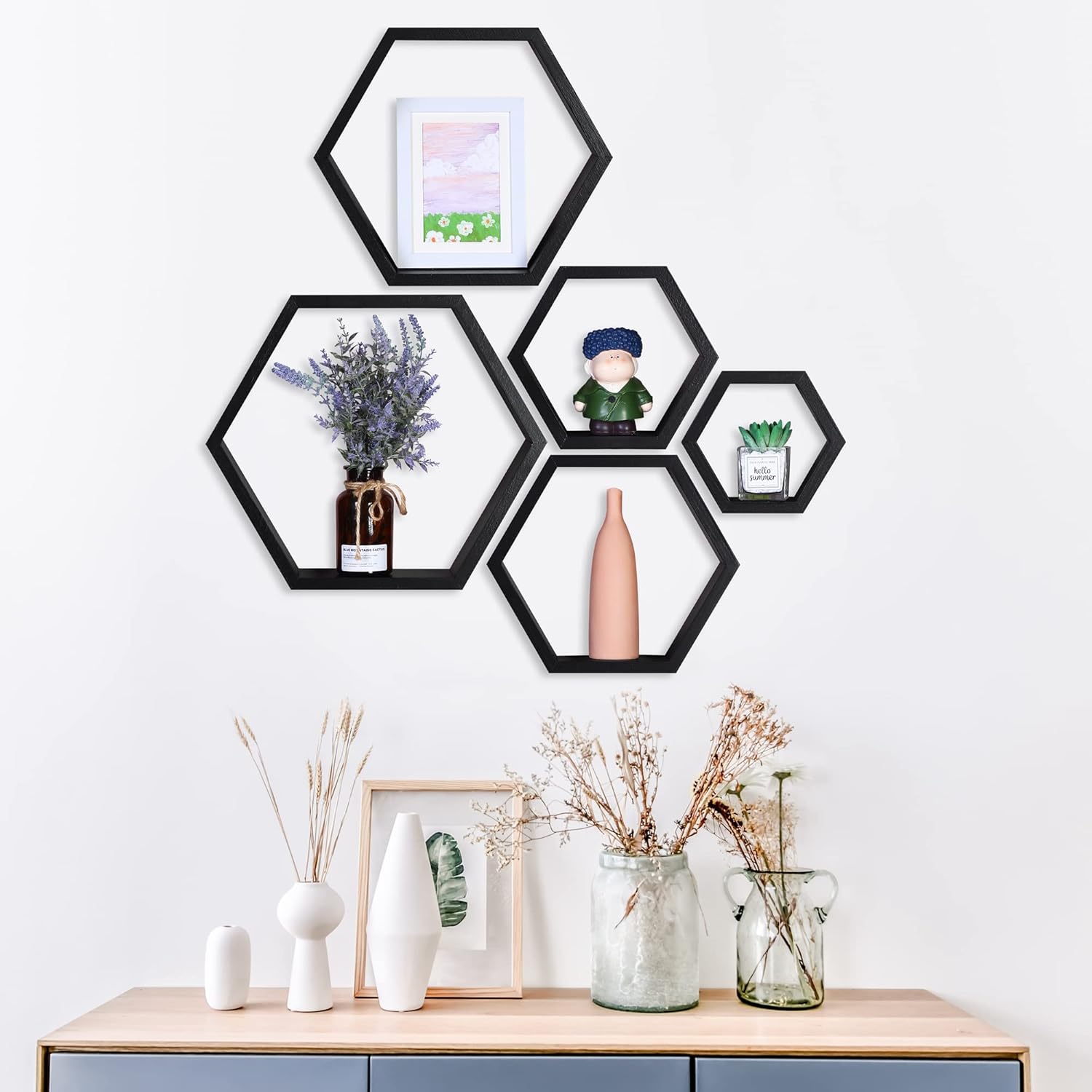 PHOENANCEE Hexagon Floating Shelves Set of 5 Wall Decor