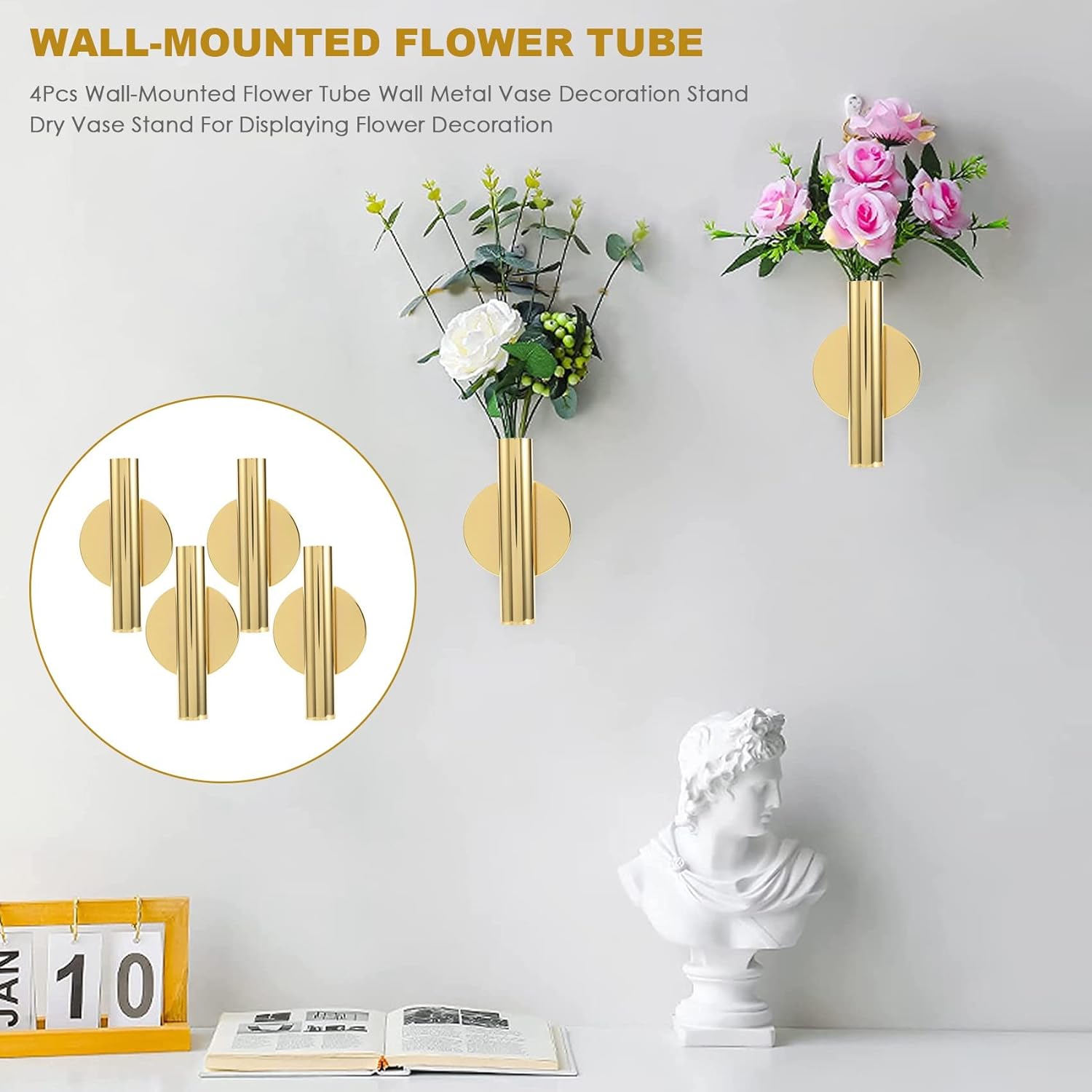 4PCS Gold Wall-Mounted Flower Tube Metal Vase Decoration Stand