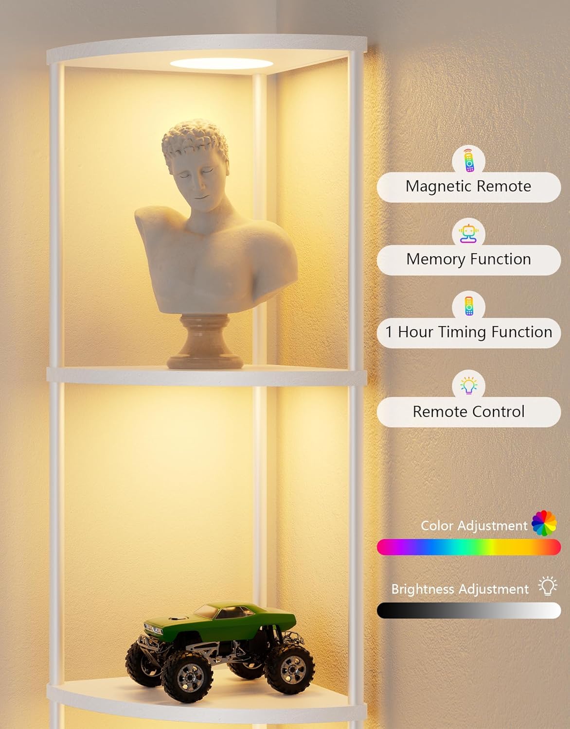 PARTPHONER Corner Shelf with LED Light and Storage 1