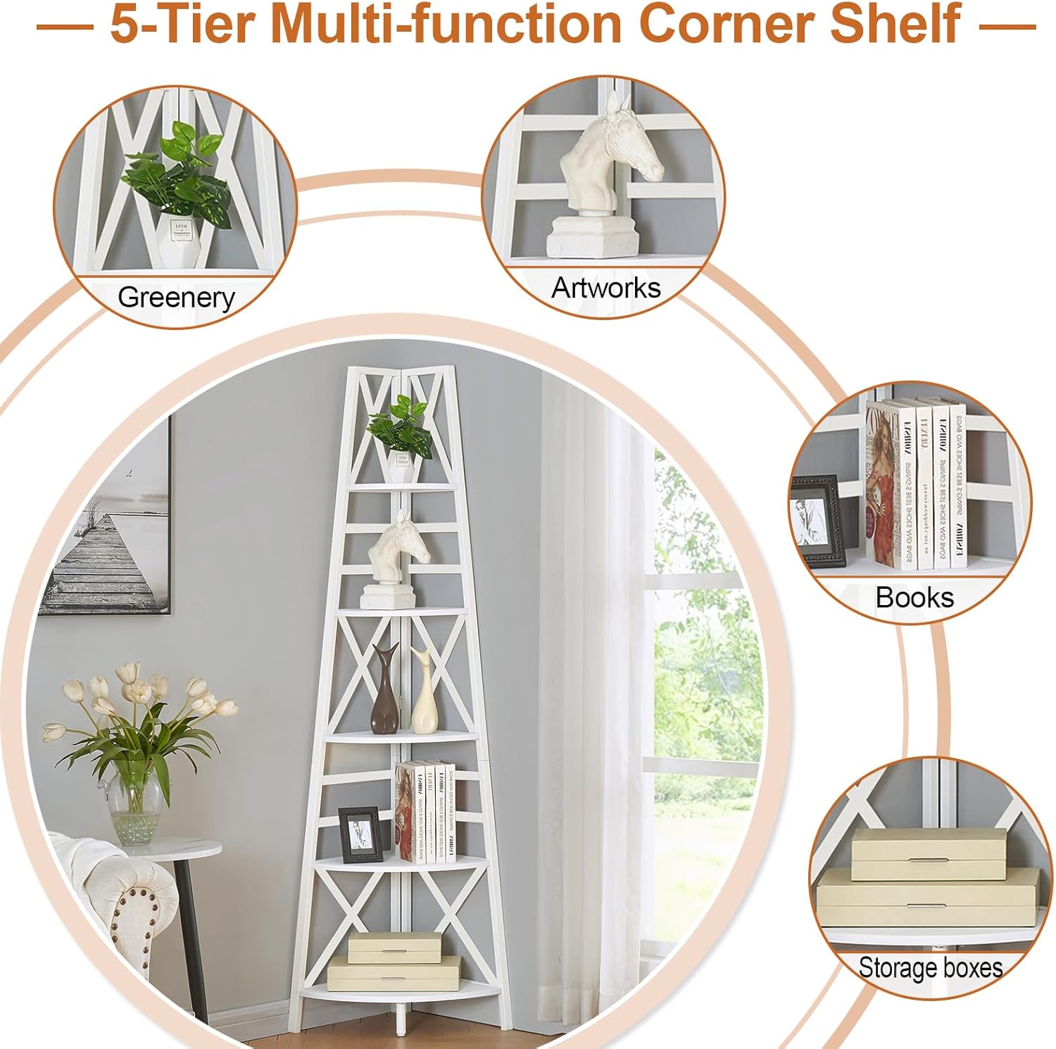 HOMBAZAAR 5 Tier Corner Shelf with Metal Frame