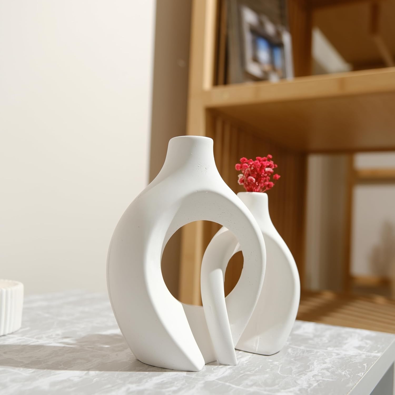 Concrete Floral Vase Set - 3 Piece Modern Minimalist Donut Vases