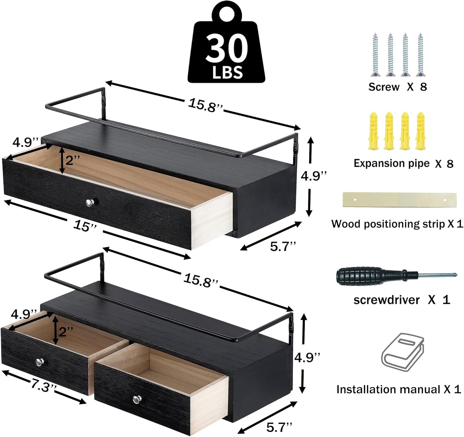 Rustic Floating Shelves with Drawer Set of 2 Black
