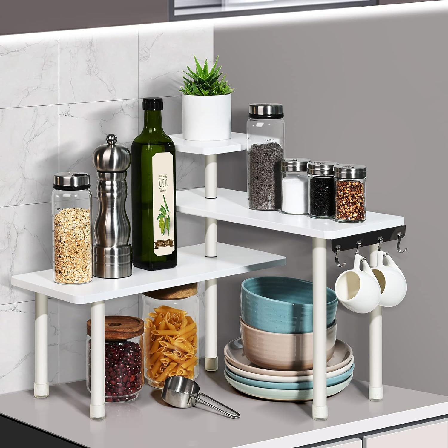 Ollieroo Bamboo 3-Tier Corner Shelf with Hooks