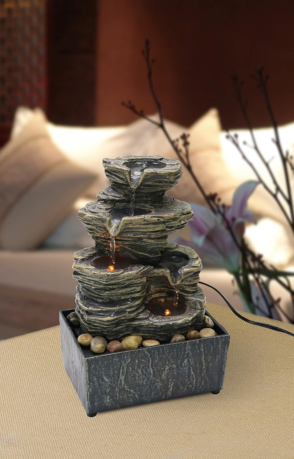 Natures Mark Cascading Rock Water Fountain with LED Lights 9 Inch