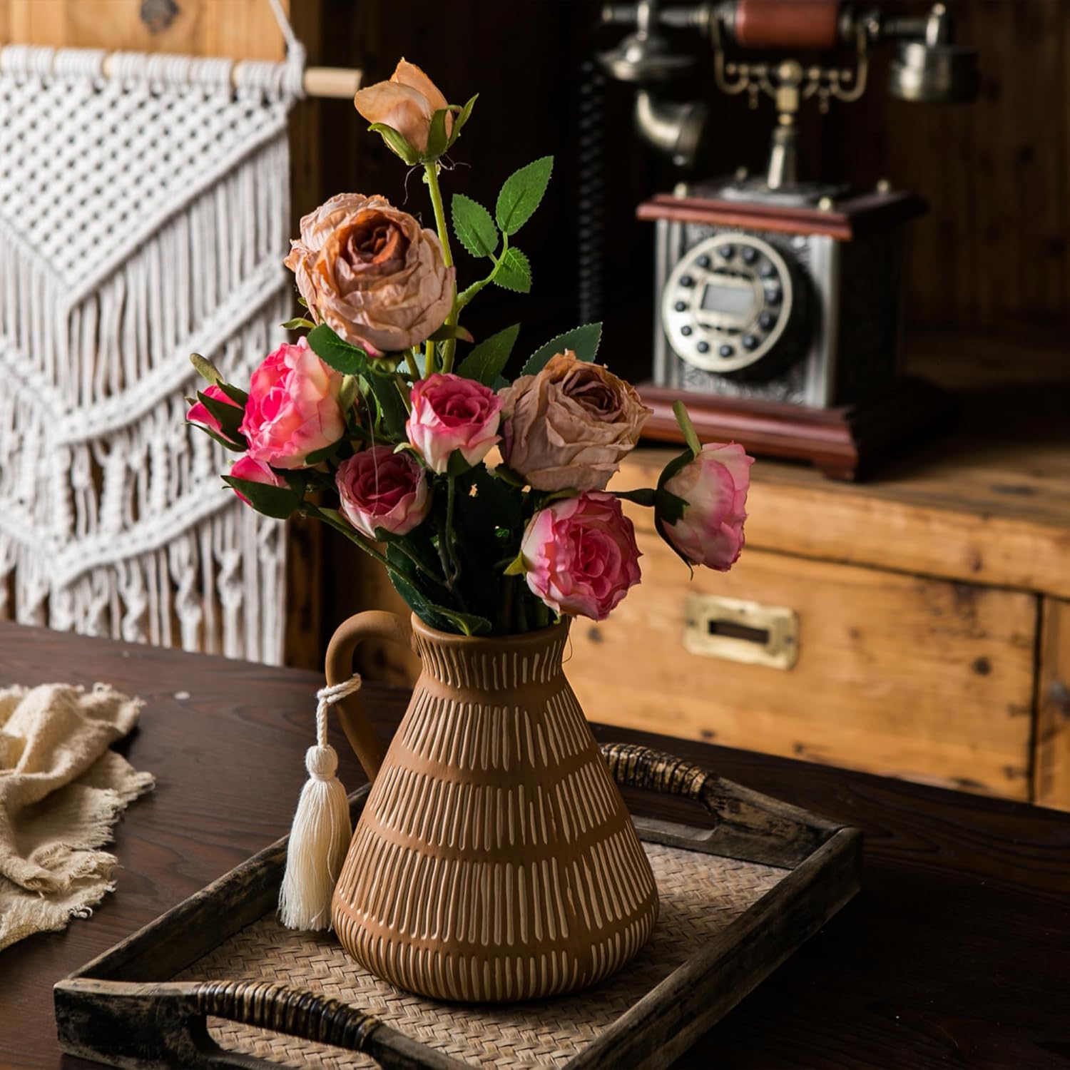 Rustic Farmhouse Vase with Handle and Tassel