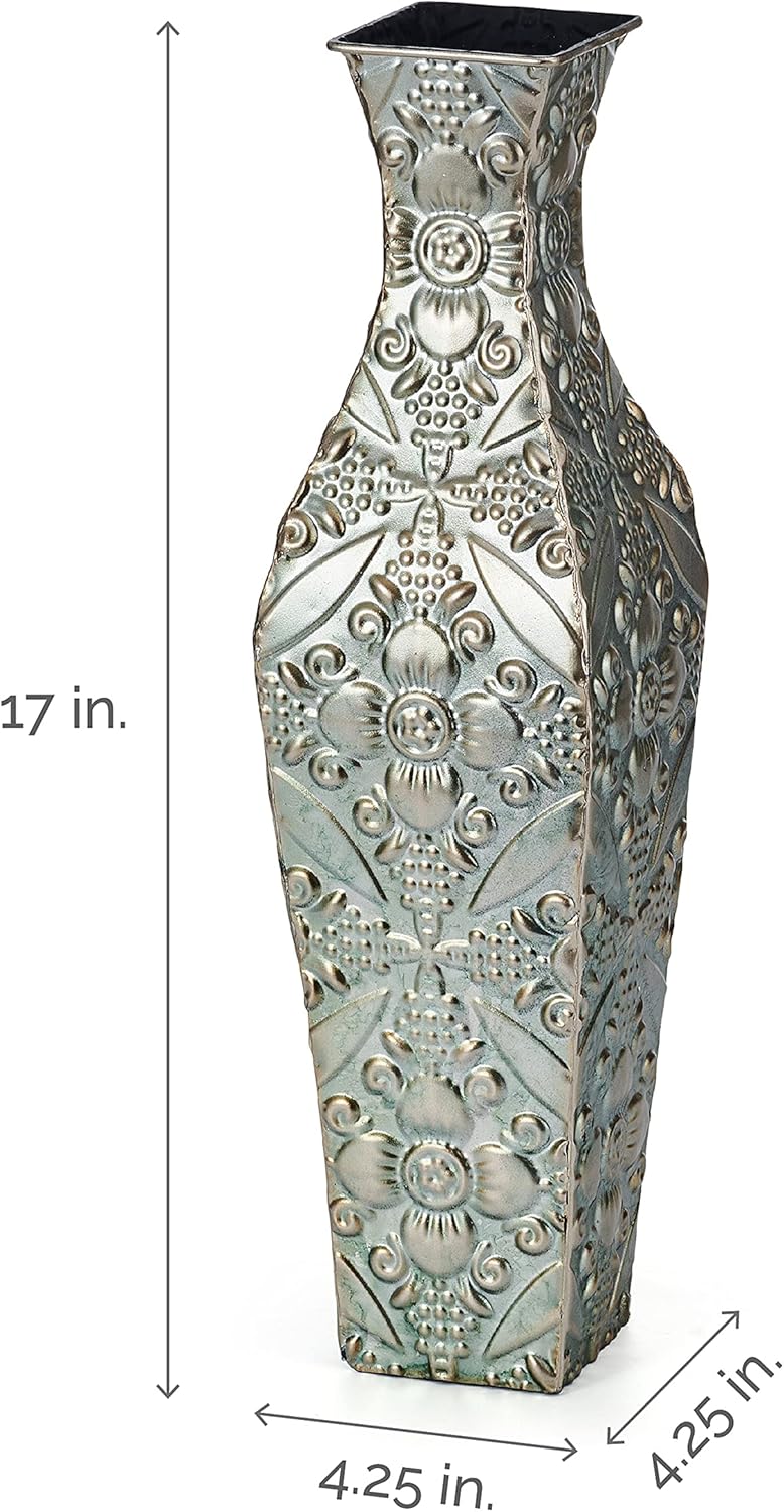 Elements Embossed Blue Metal Vase 17-Inch