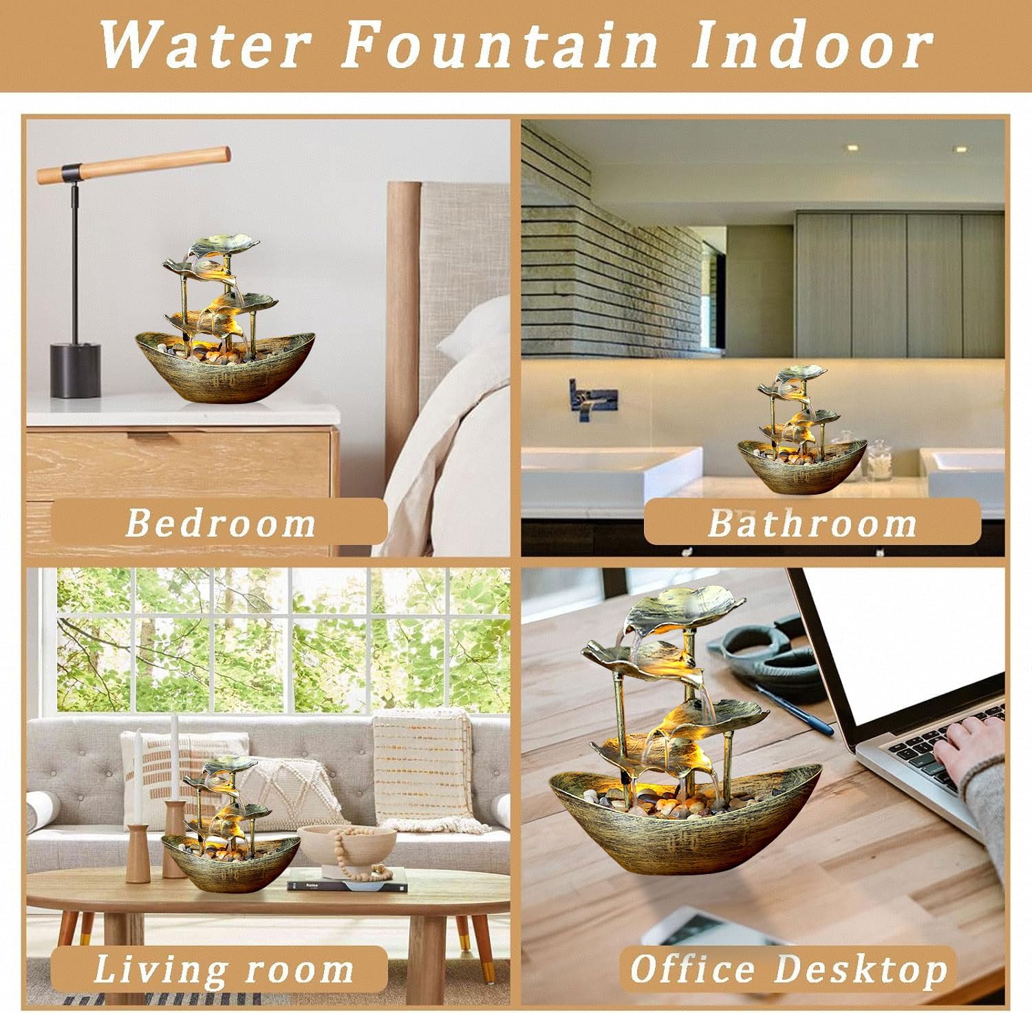 Metallic Gold 4-Tier Tabletop Fountain with Lotus and Ingot Design