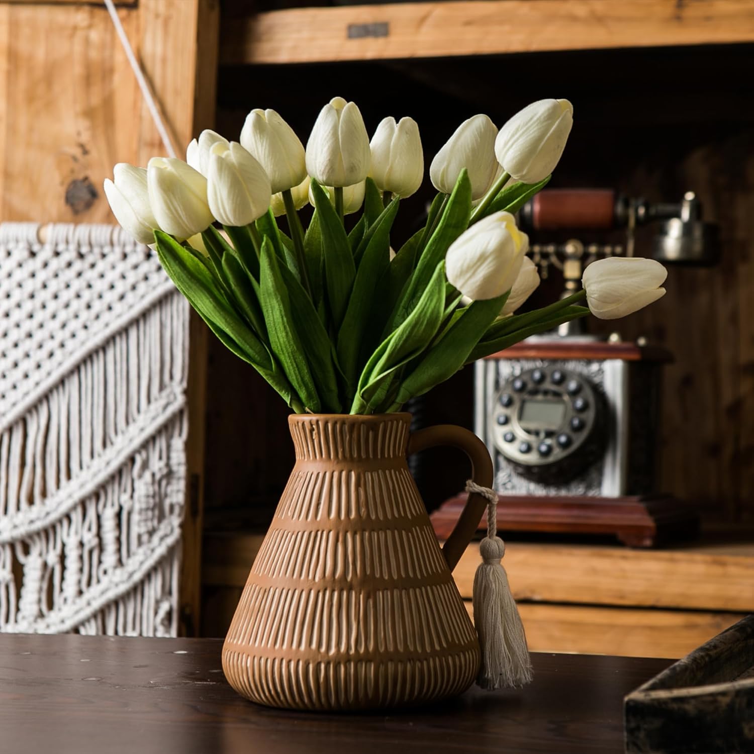 Rustic Farmhouse Vase with Handle and Tassel