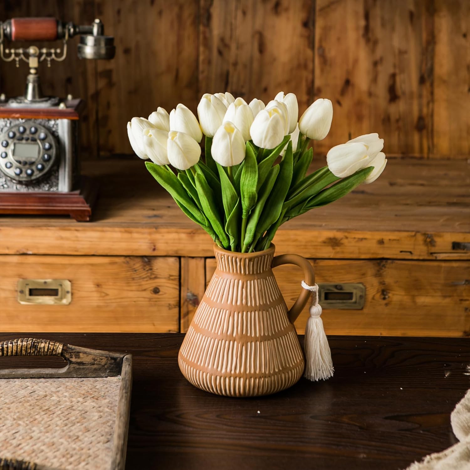 Rustic Farmhouse Vase with Handle and Tassel