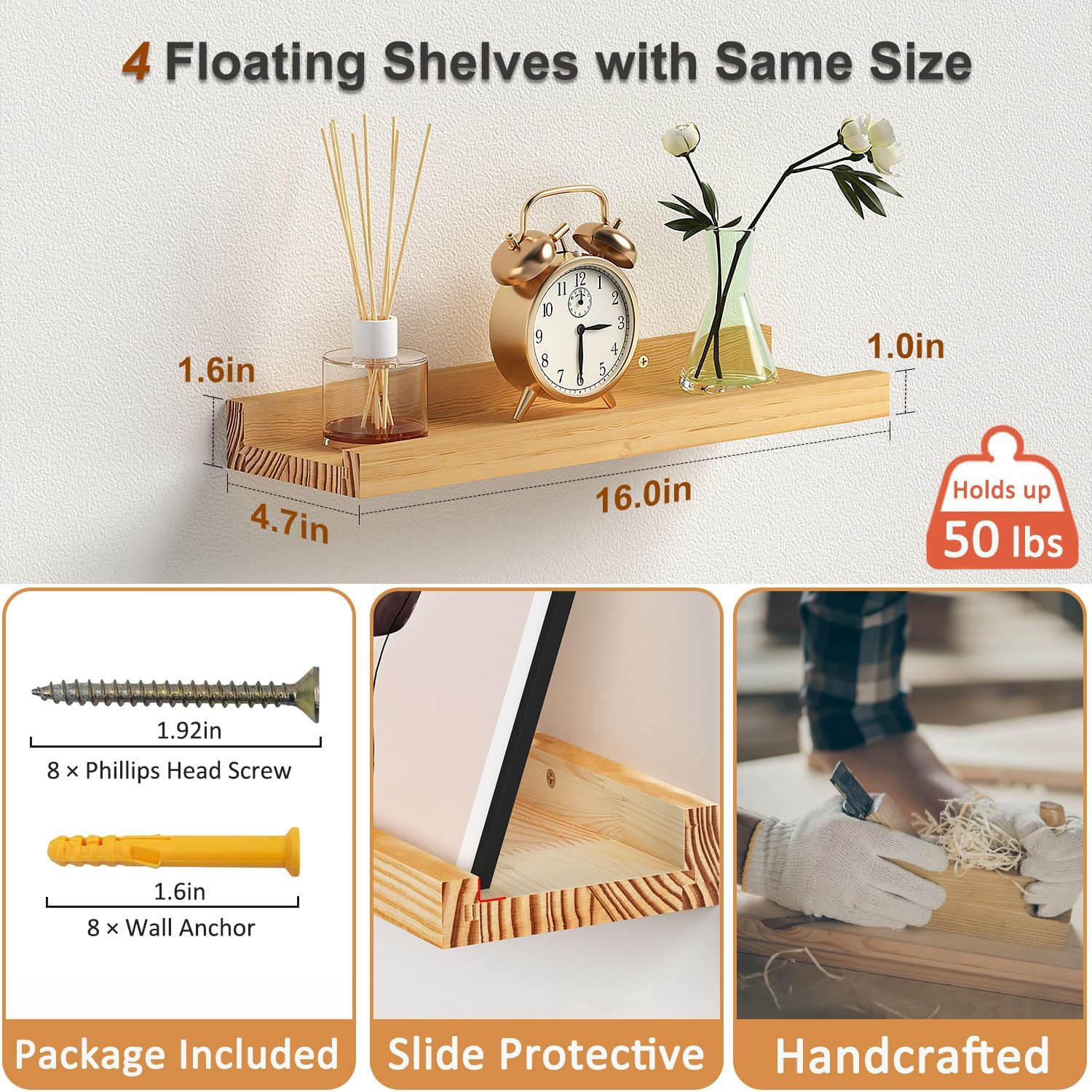 DECKALY Picture Ledge Shelf Set of 4 16 Inch Pine Wood Floating Shelves