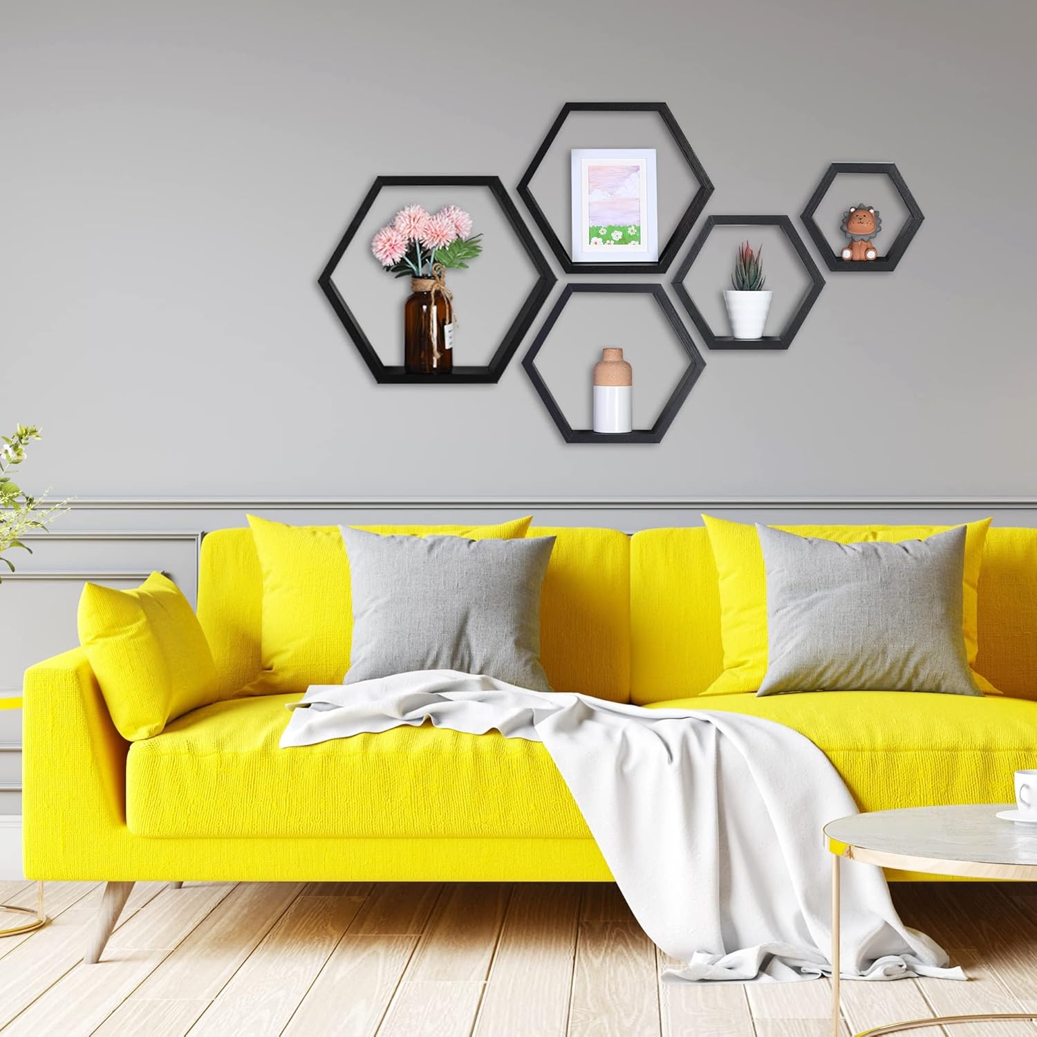 PHOENANCEE Hexagon Floating Shelves Set of 5 Wall Decor