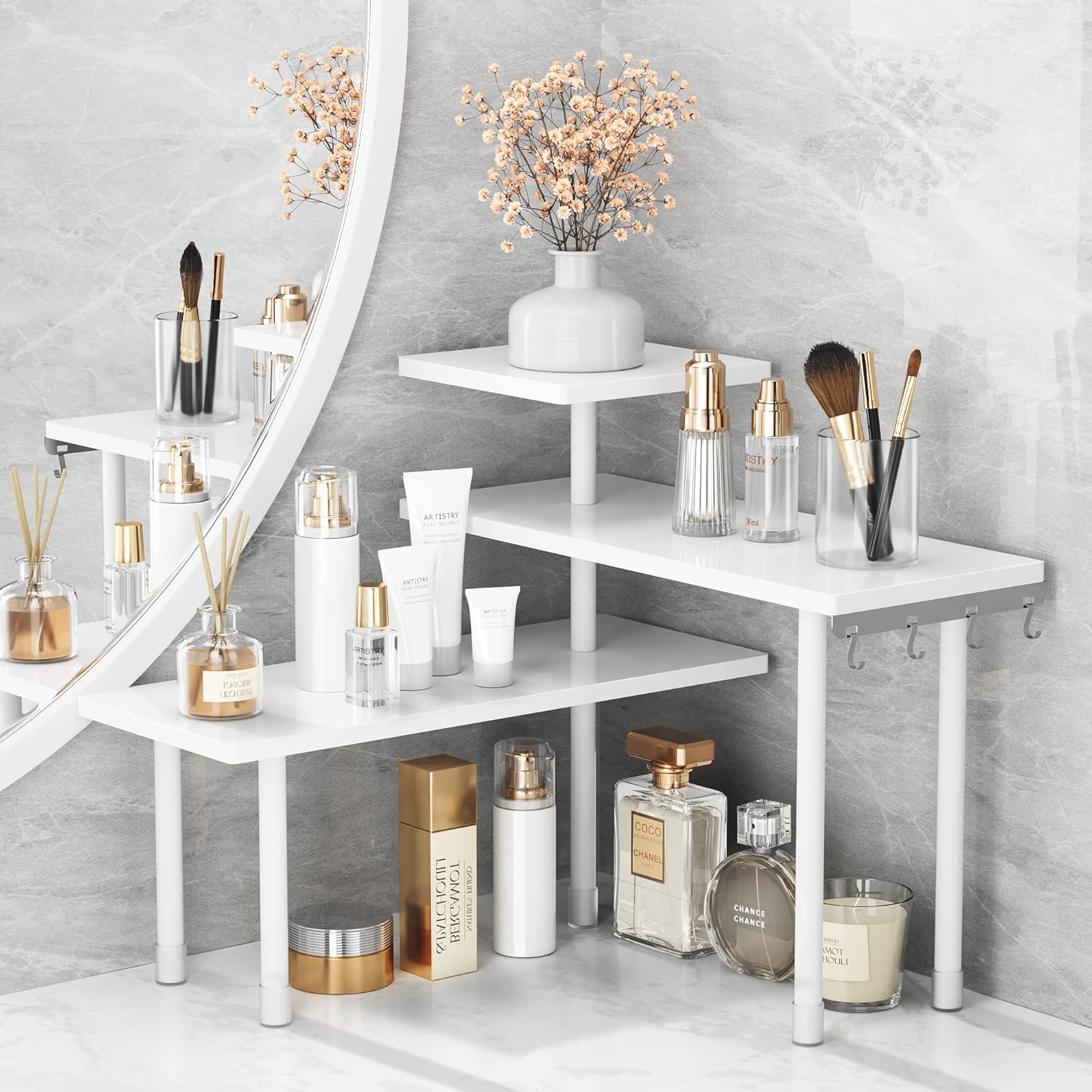 Ollieroo Bamboo 3-Tier Corner Shelf with Hooks