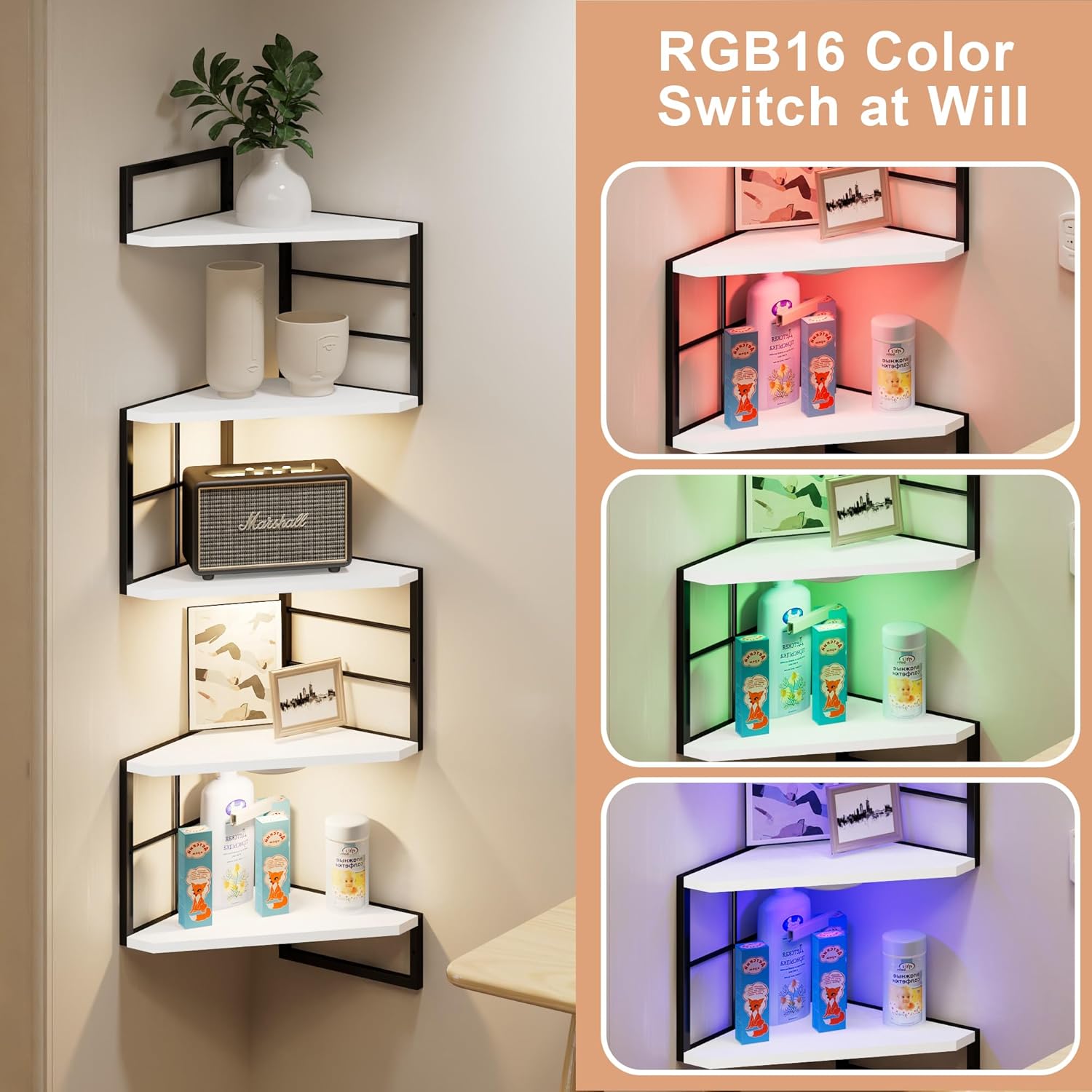 Floating Corner Shelves with Light - 5 Tiers Metal White