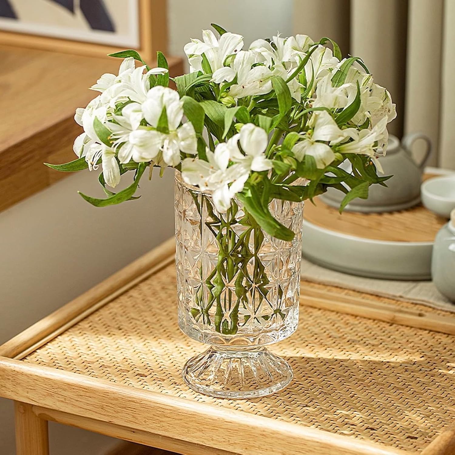 BLOFLO Embossed Glass Vase 7 Inch Crystal