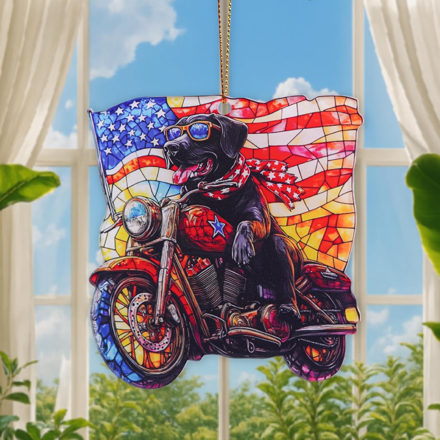 Patriotic Motorcycle Dog Acrylic Ornament 4 Inch