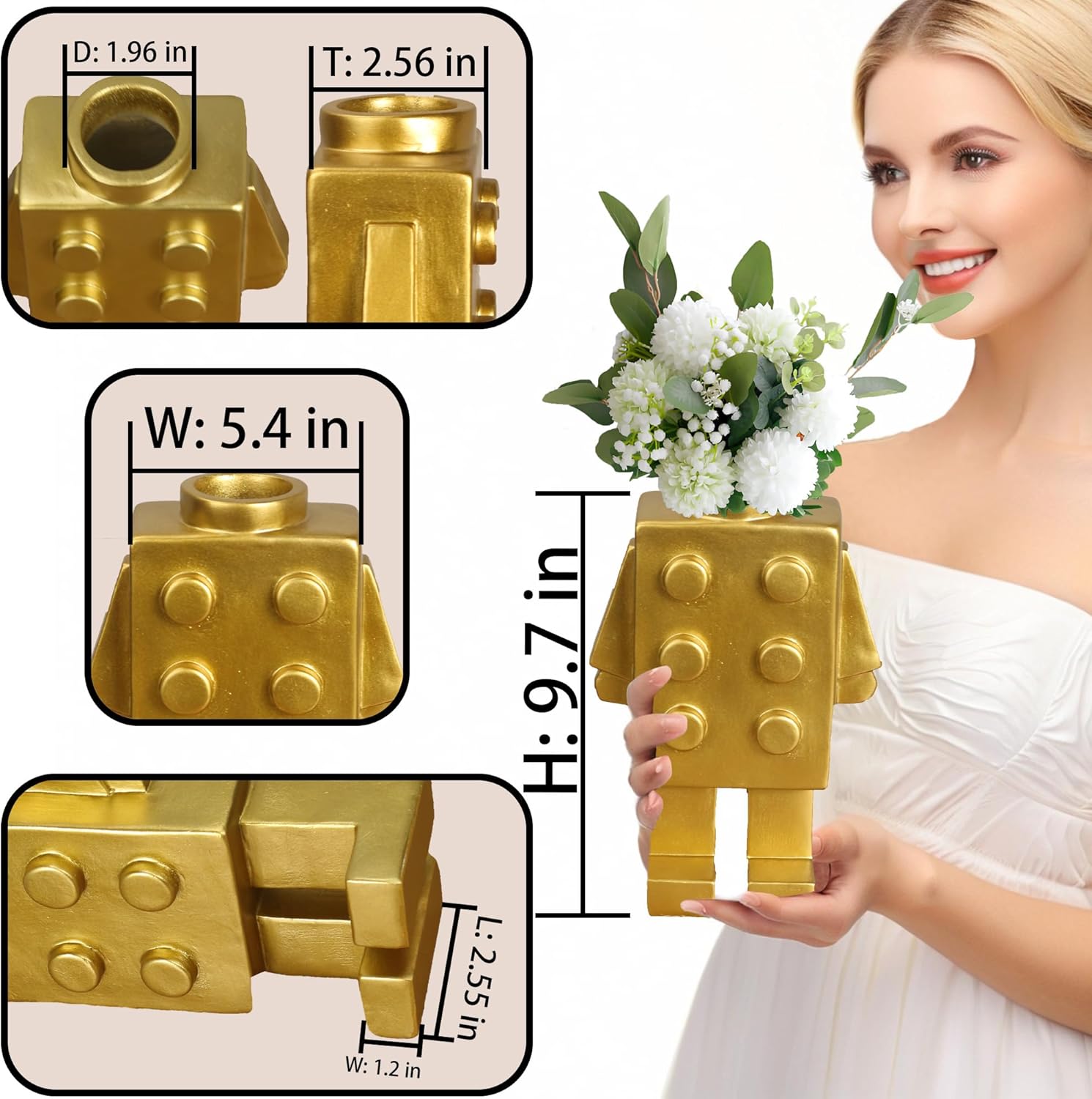 Cute Building Block Vase for Flower Decor in Golden