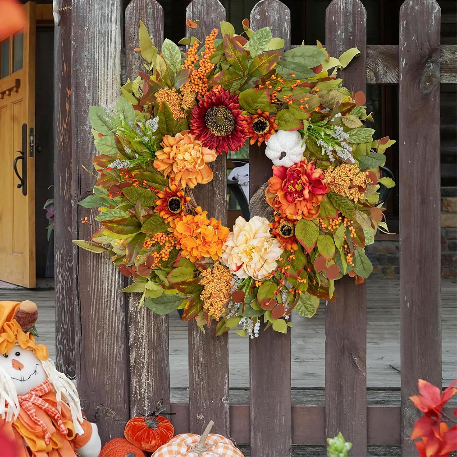 24 Inch Fall Wreath with Peonies Sunflowers and Pumpkins