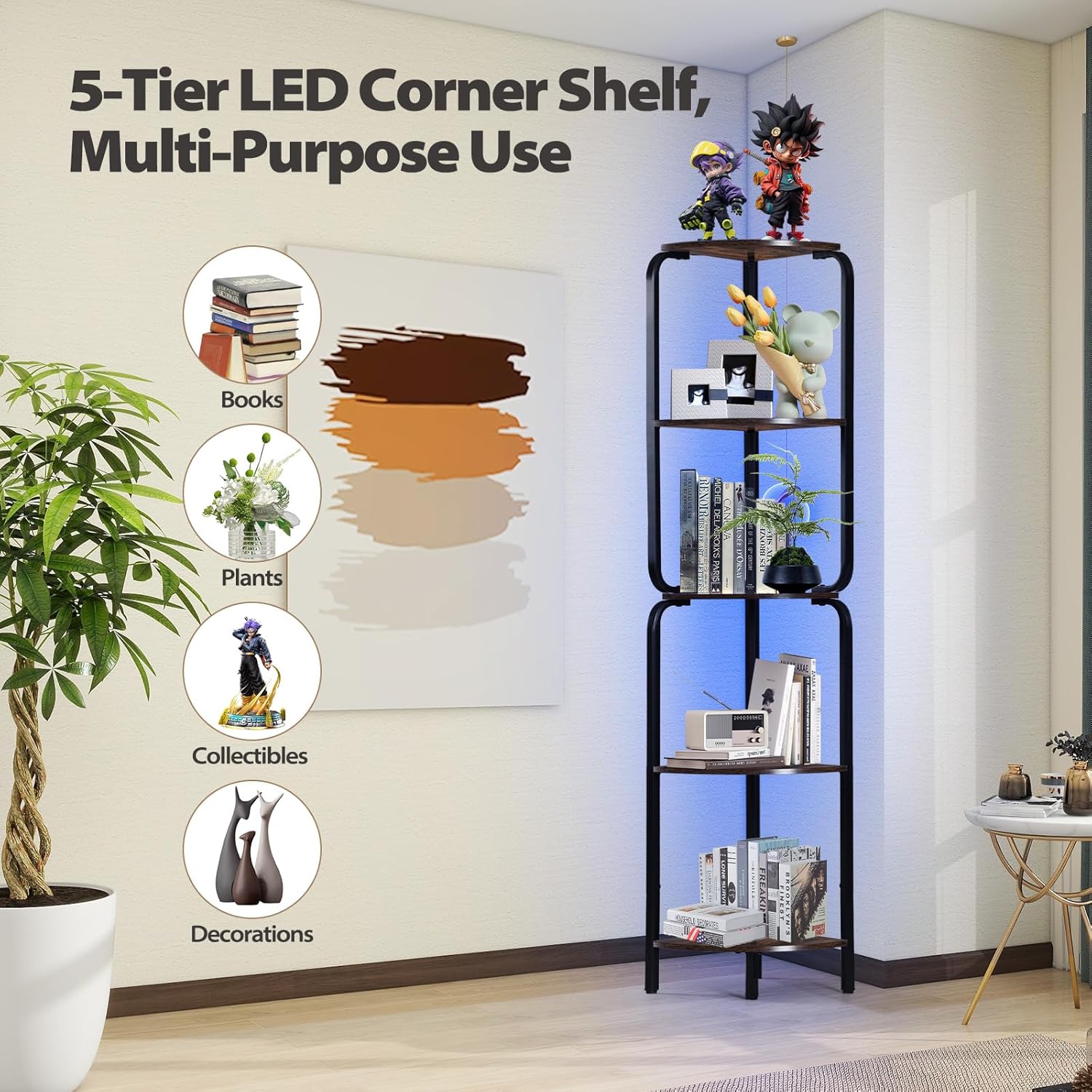 Modern 5 Tier Corner Shelf with LED Light