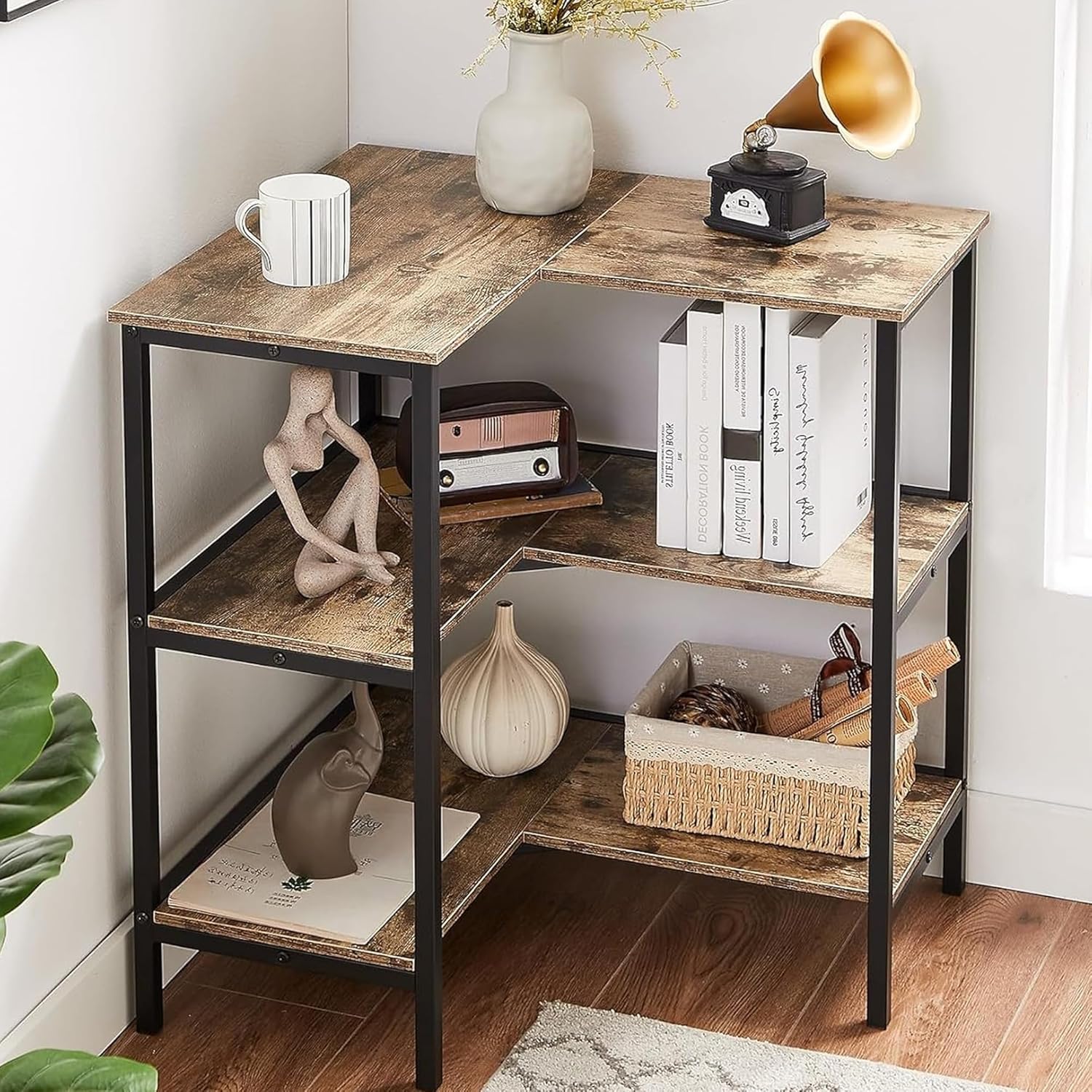 VECELO Corner Cabinet Table with 3 Tier Open Shelf Grey