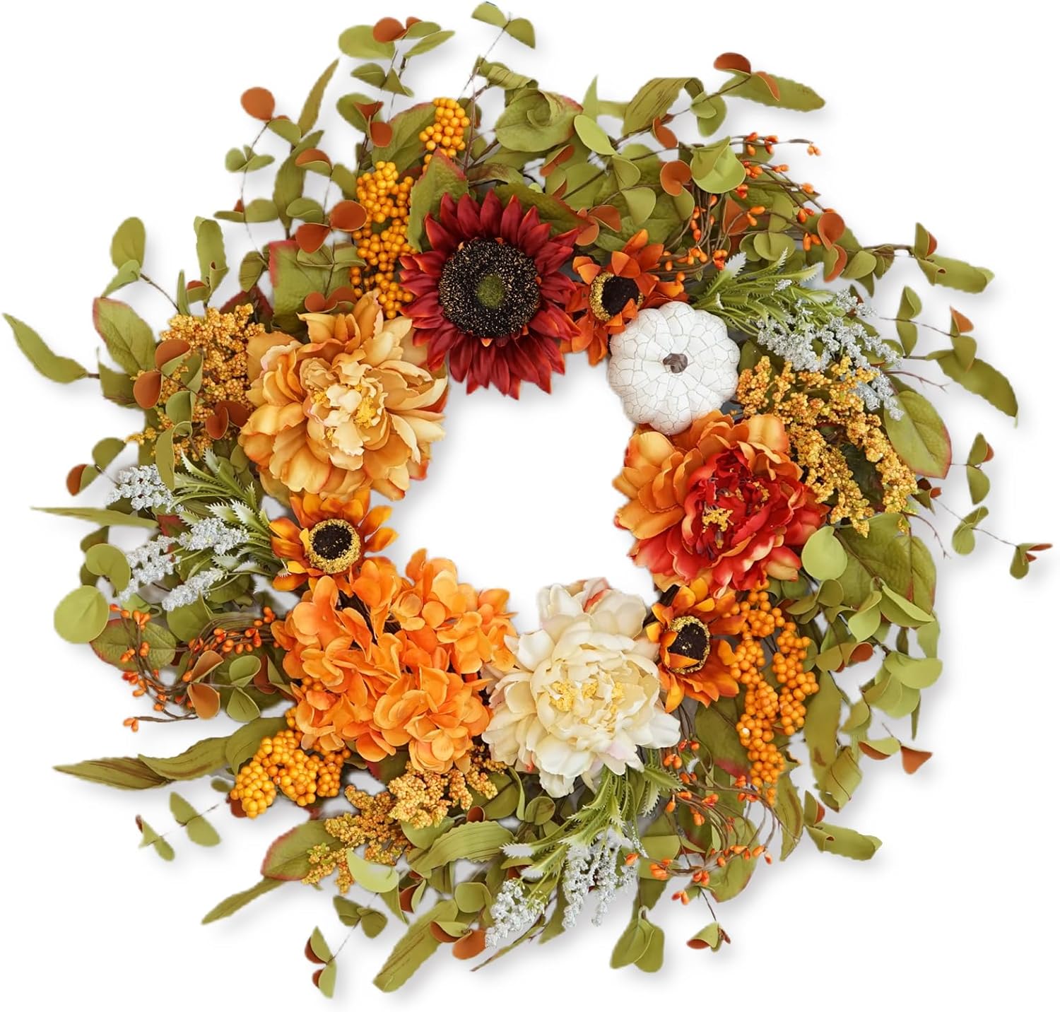 24 Inch Fall Wreath with Peonies Sunflowers and Pumpkins