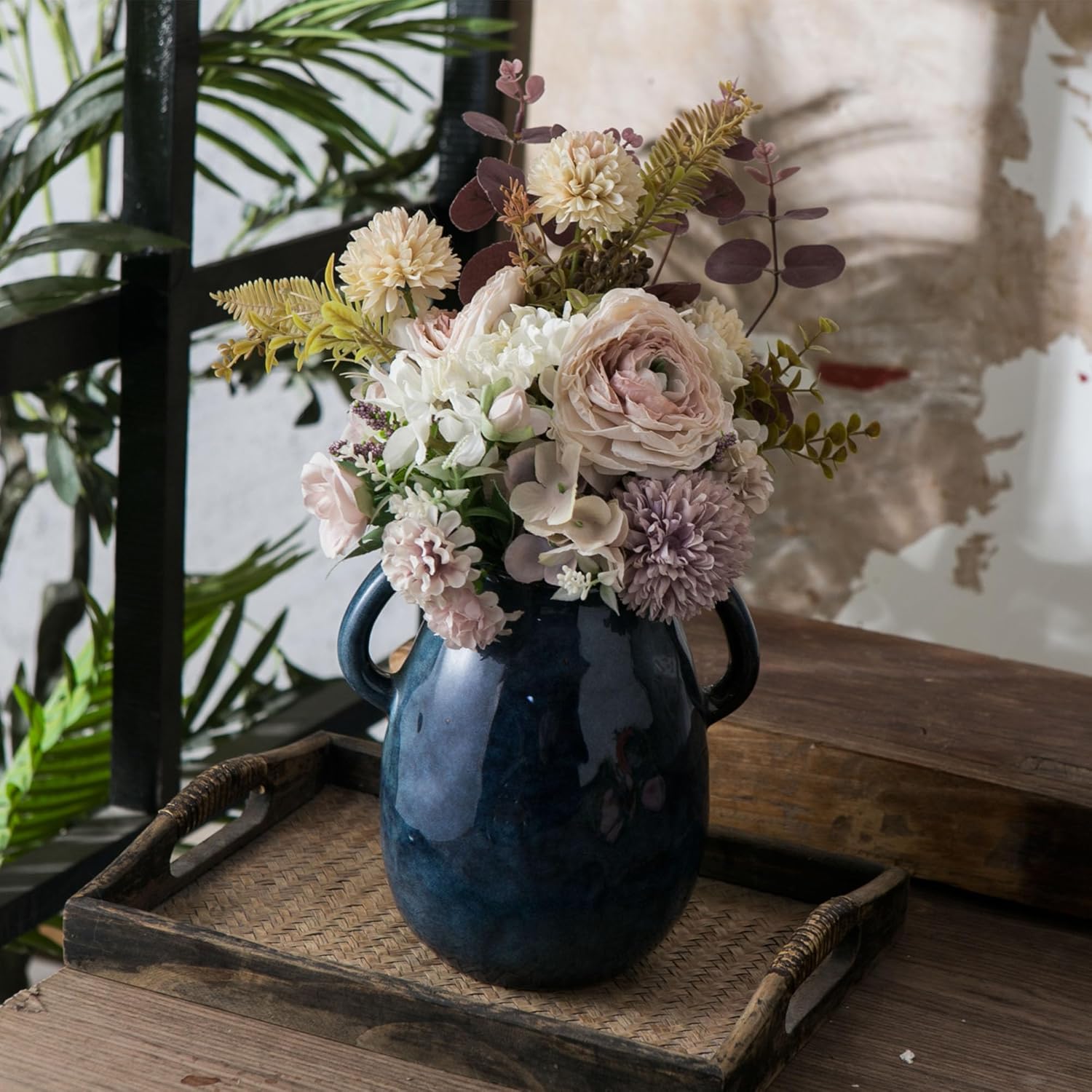 Blue Ceramic Vase with Two Handles for Farmhouse Decor
