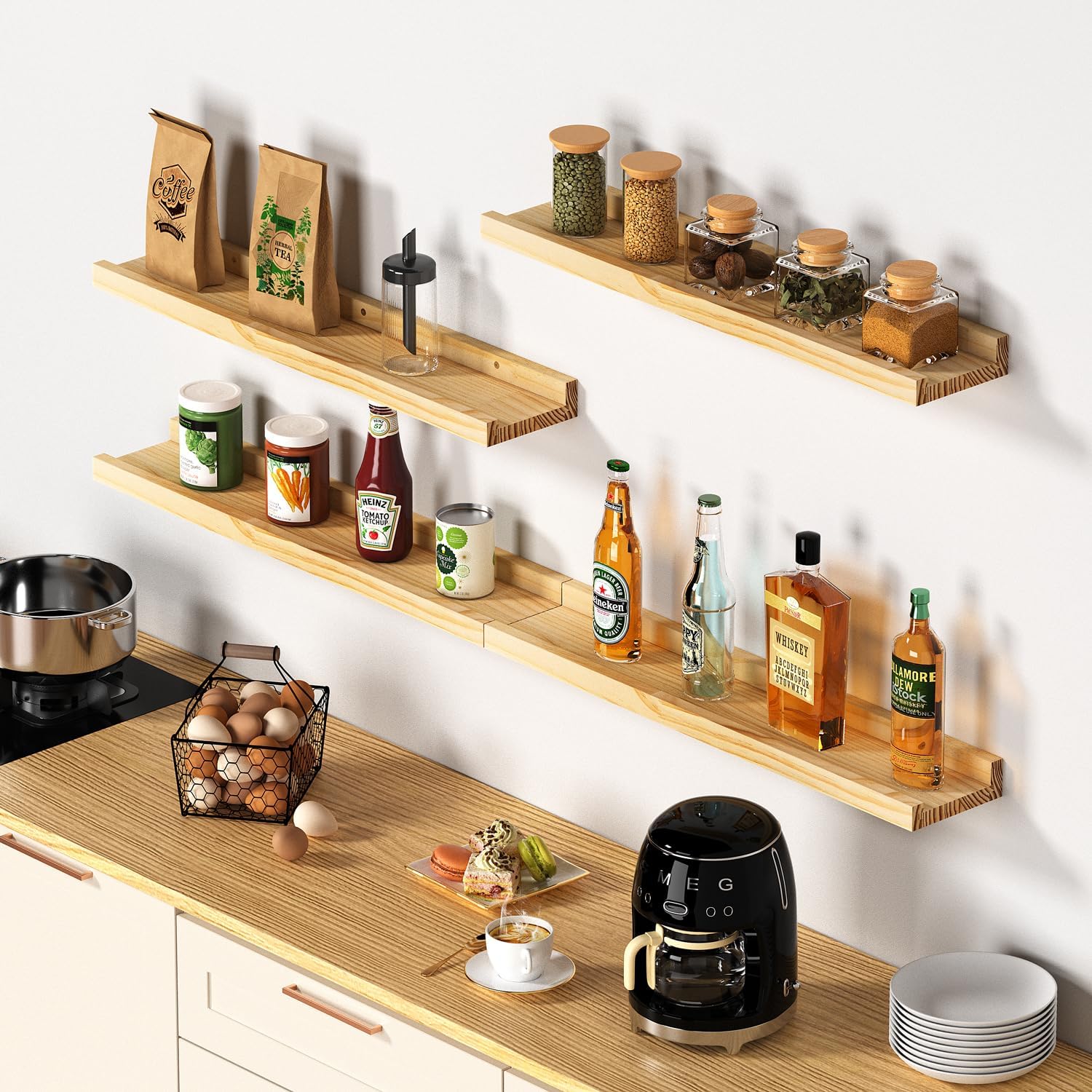 DECKALY Picture Ledge Shelf Set of 4 16 Inch Pine Wood Floating Shelves