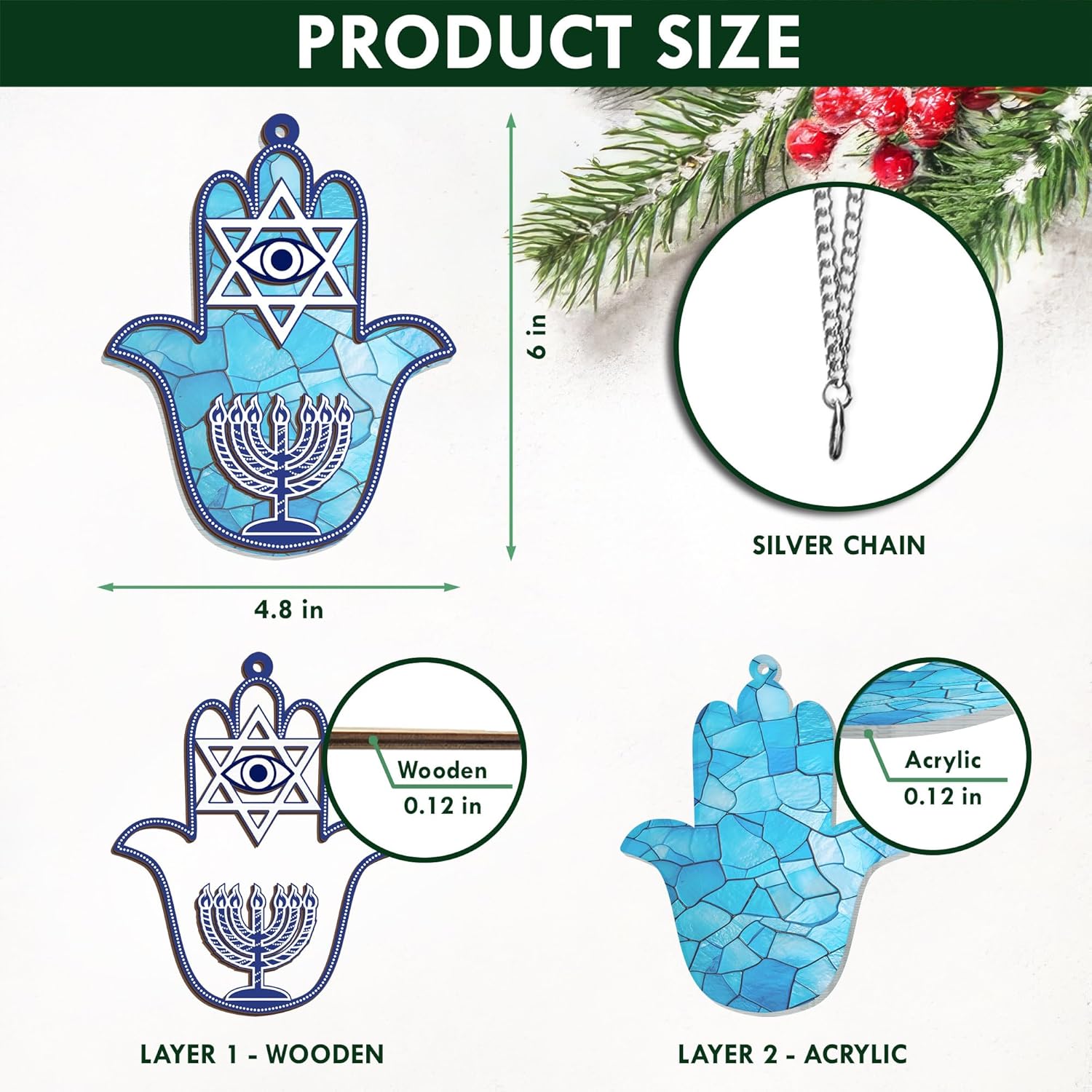 FLAGWIX Hanukkah Gifts for Women Men - Double Layered Hanging Suncatcher 6 in