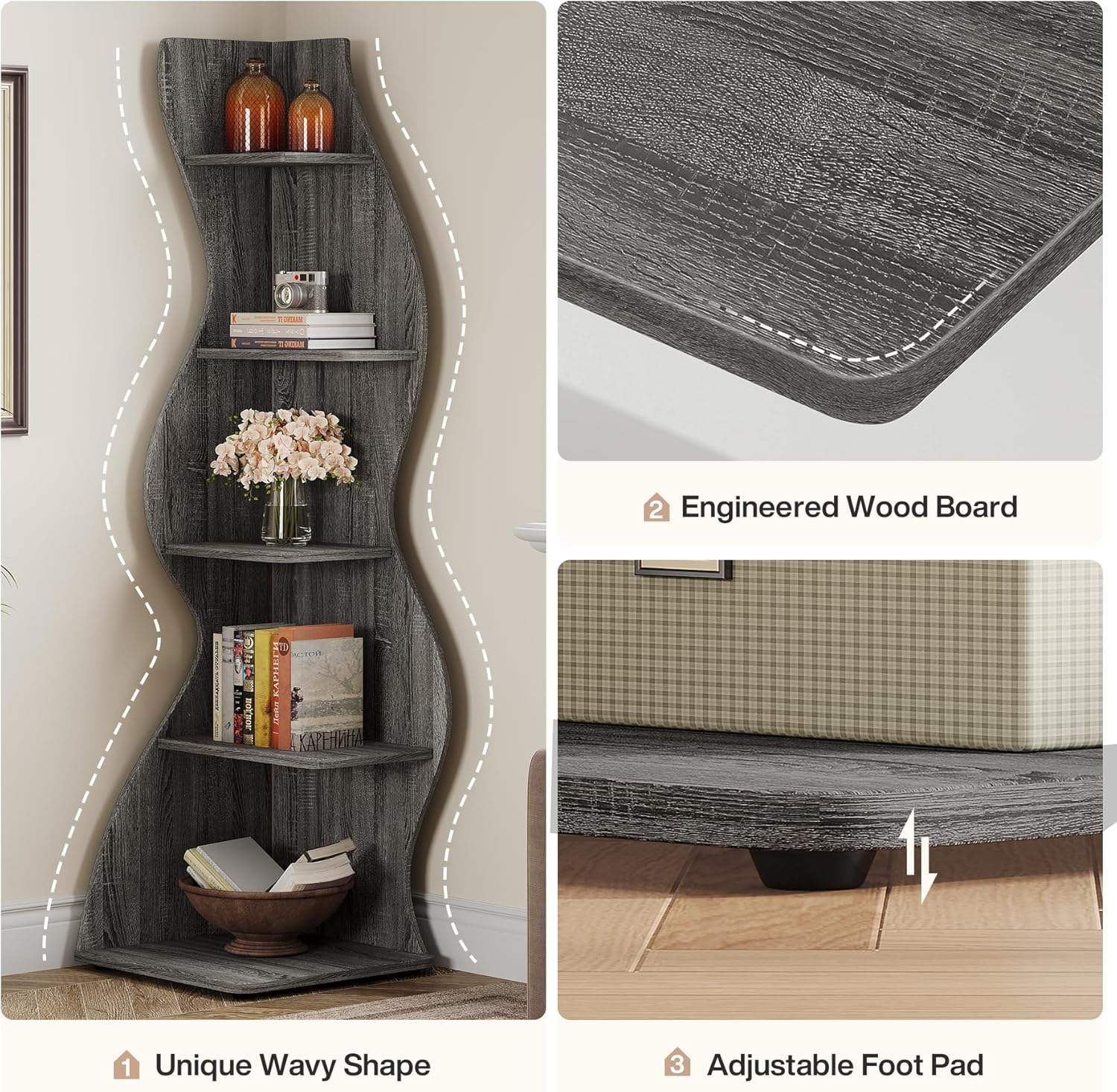 Tribesigns Wavy Corner Shelf Set of 2 Gray