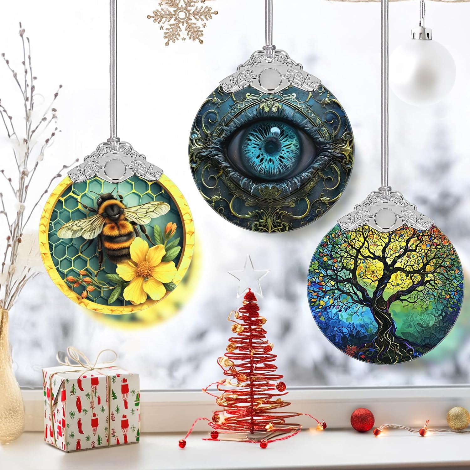 3 Inch Stained Glass Christmas Ornament with Mystical Eye Design